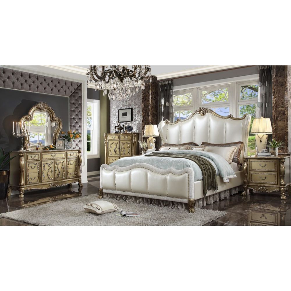 Kashtian The Dresden II Bedroom Collection Bed Queen Pearl White Synthetic Leather & Gold Patina Finish Without Upholstered