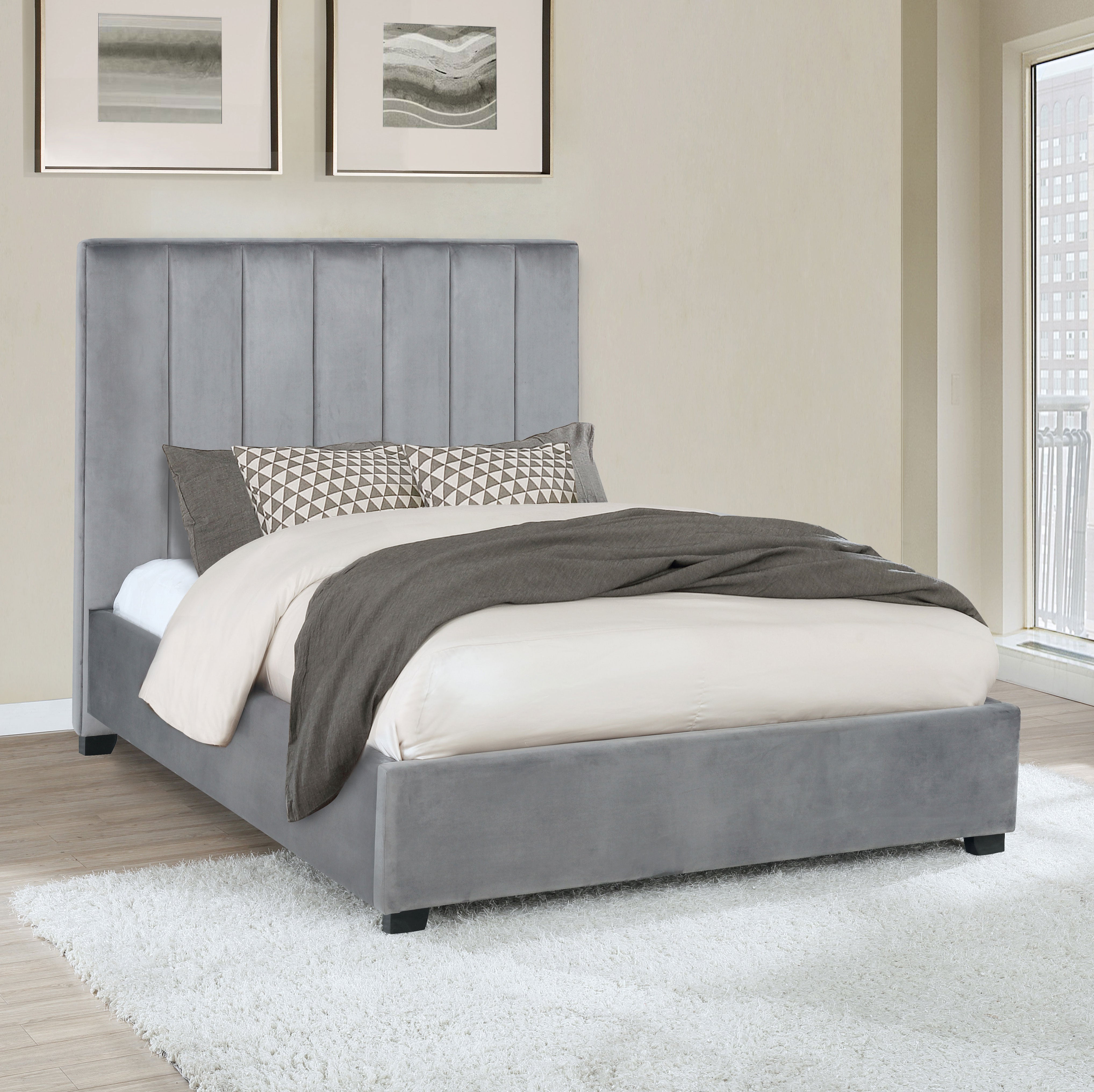 Arles Vertical Channeled Tufted Comfortable & Glamorous Bed, Color- Grey