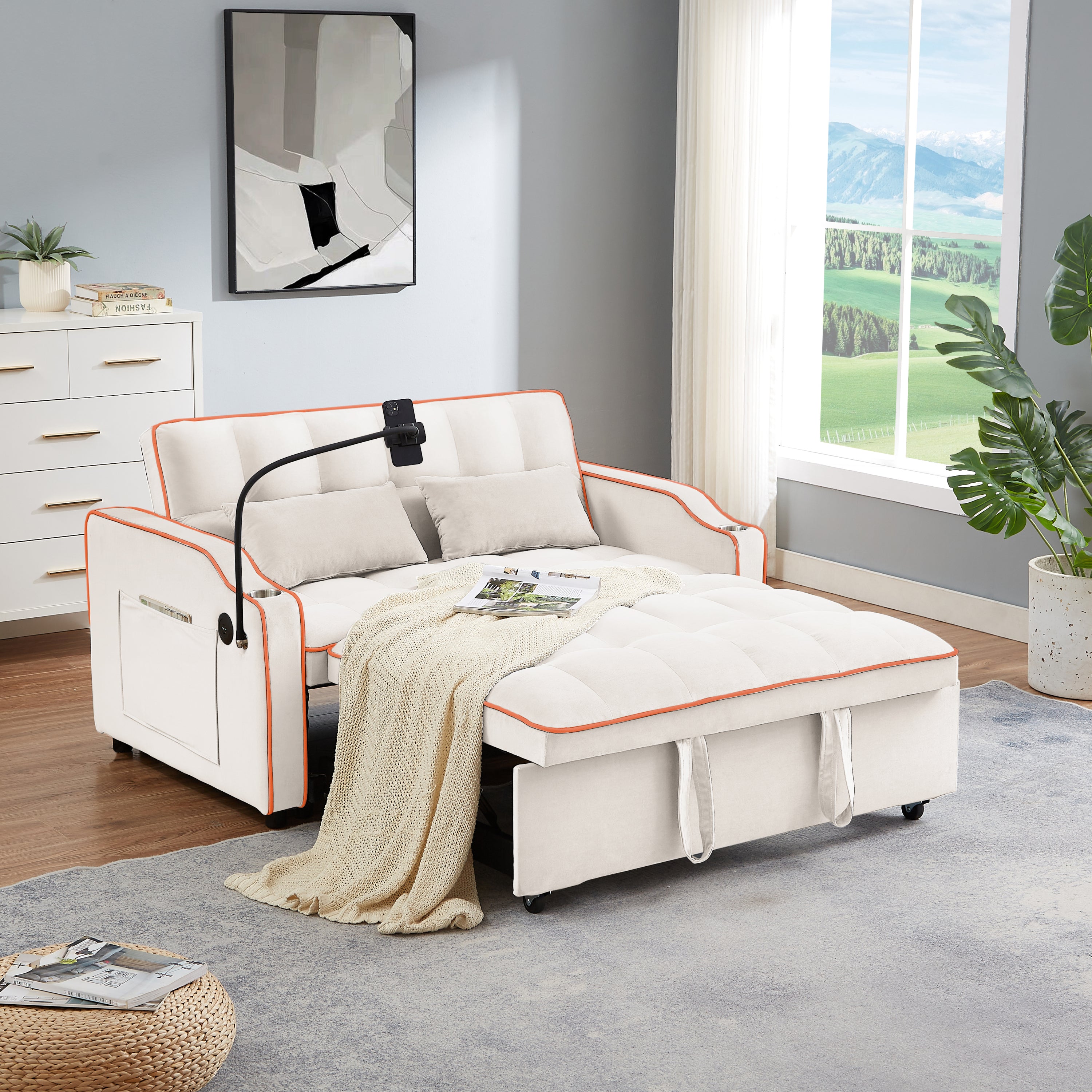 1 versatile foldable sofa bed in 3 lengths, modern sofa sofa sofa velvet pull-out bed, adjustable back and with USB port and ashtray and swivel phone stand (beige)