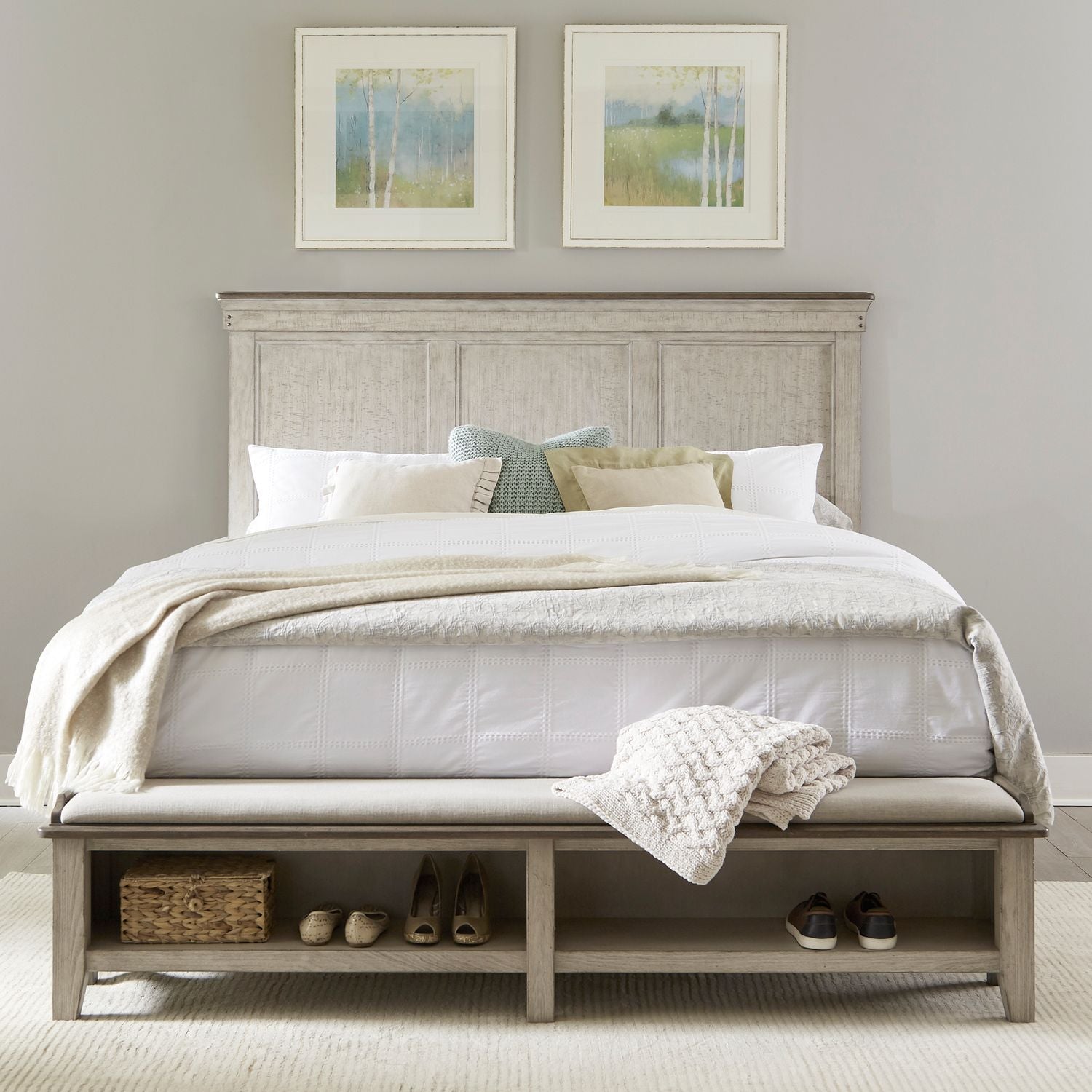 Goscho Modern & Solid Color Sleek Style Design Bed King Weathered Linen w Dusty Taupe Top With Storage