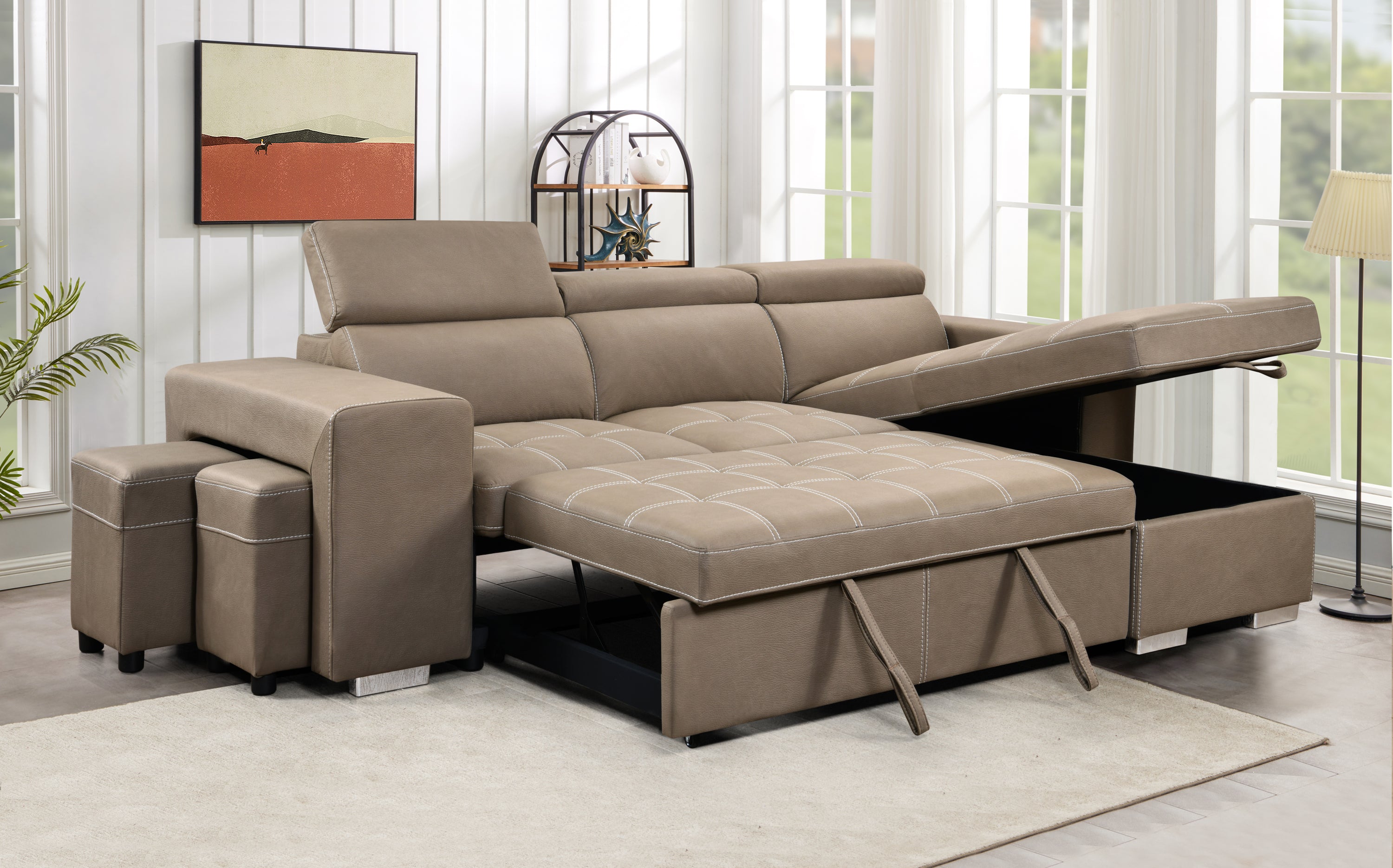 105 inch Reversible Sectional Sofa with Storage Chaise and 2 Stools, with Adjustable Headrest, Sleeper Contemporary Corner Sectional with Pull-Out Sleeper and Chaise ,Light Brown