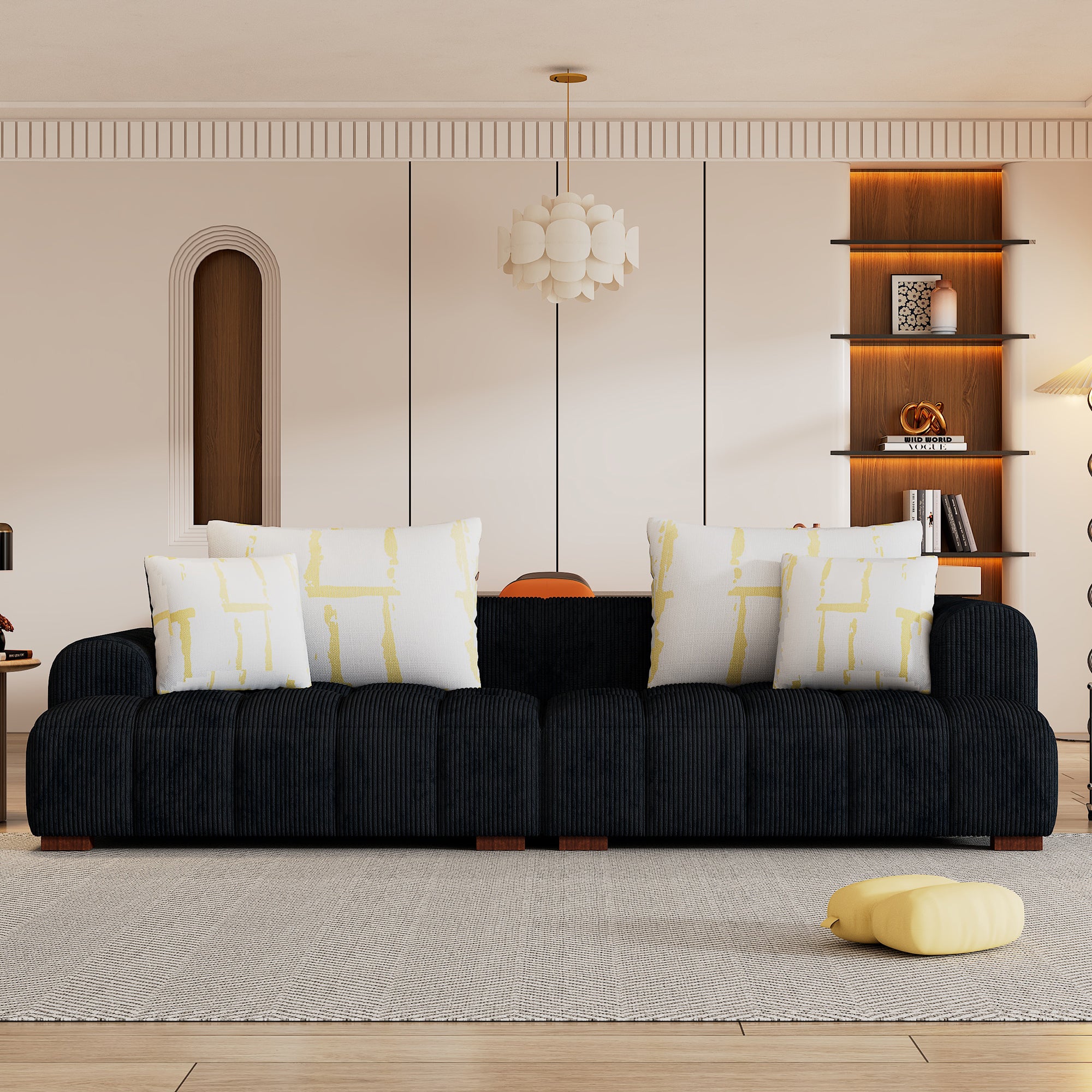 103.9" Modern Couch Corduroy Fabric Comfy Sofa with Rubber Wood Legs, 4 Pillows for Living Room, Bedroom, Office, Black