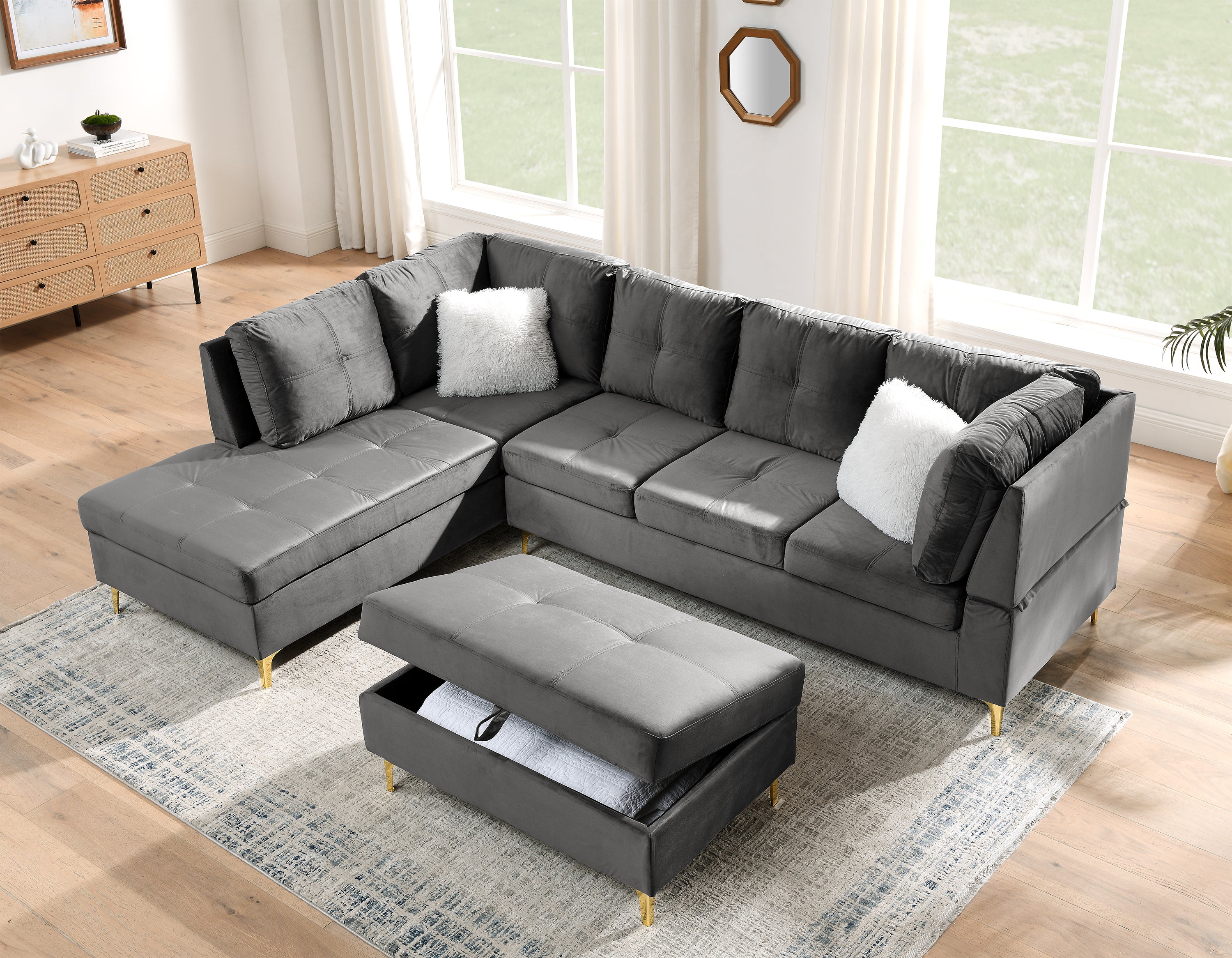 103" Velvet Sectional Sofa, L Shape Corner Couch with Storage Ottoman for Living Room, Gray Fabric, Pocket Coil Spring in Seats, Chaise face Left