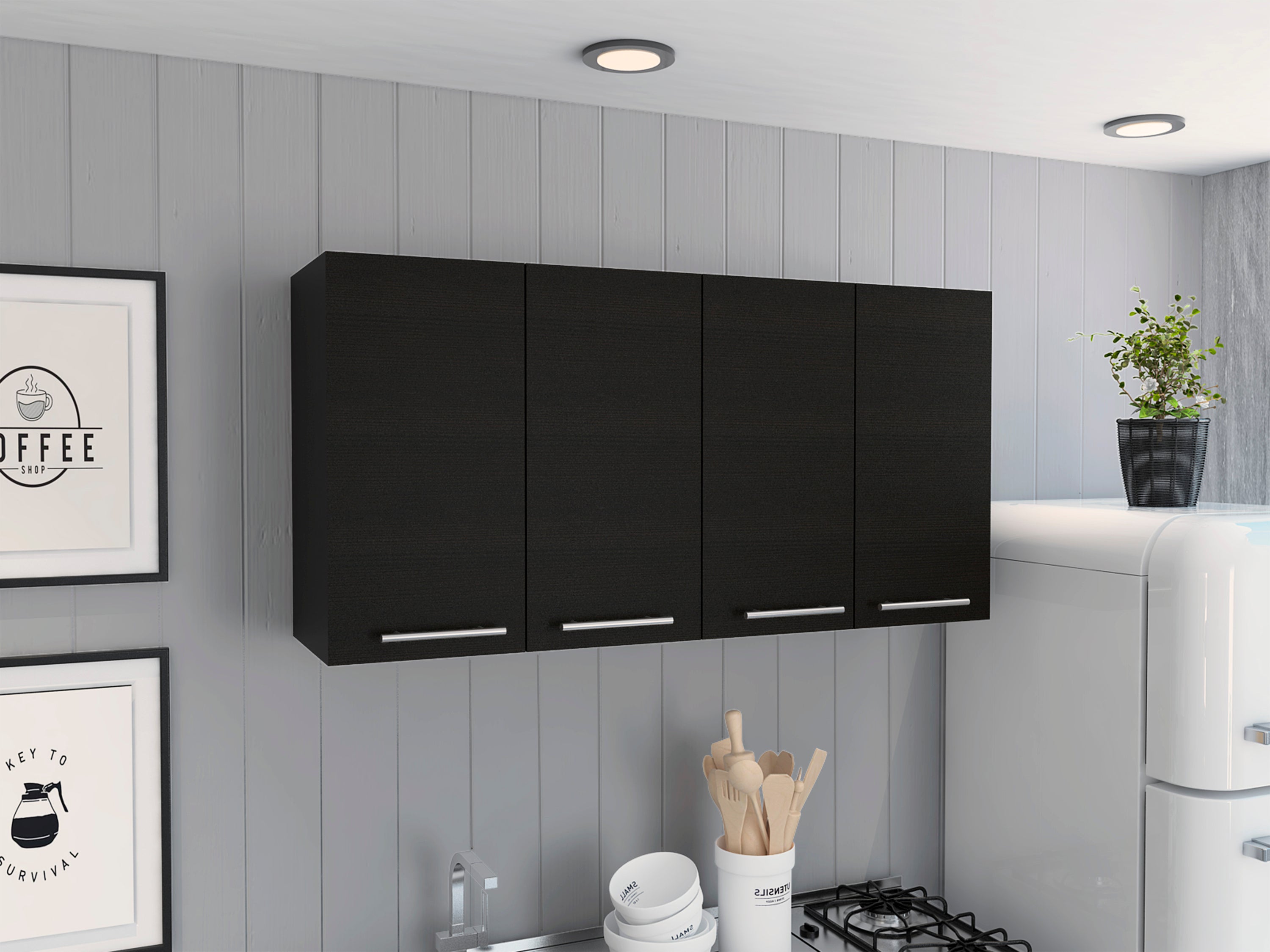 120 Wall Cabinet, Four Doors, Two Cabinets, Two Shelves -Black