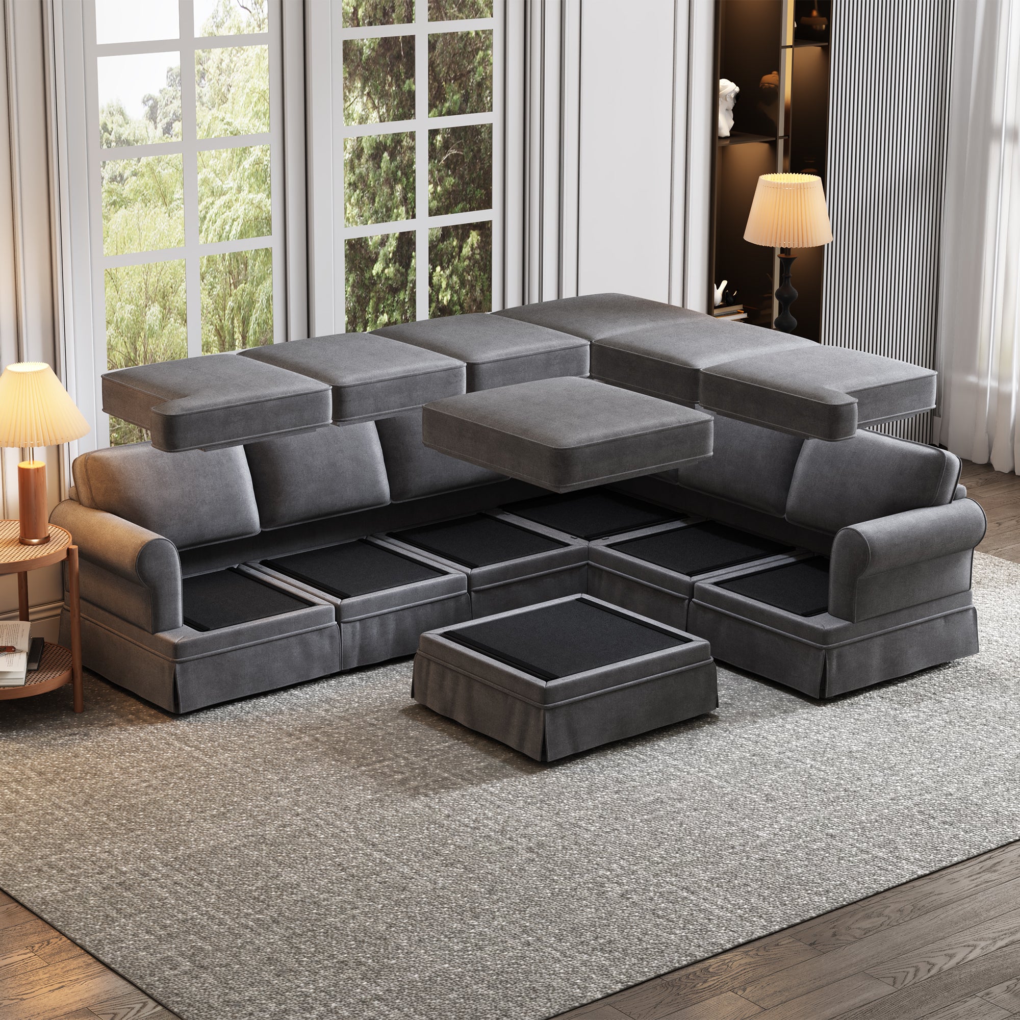 108.6" Fabric Upholstered Modular Sofa Collection, Modular Customizable ,Sectional Couch with removable Ottoman for Living Room, Gray