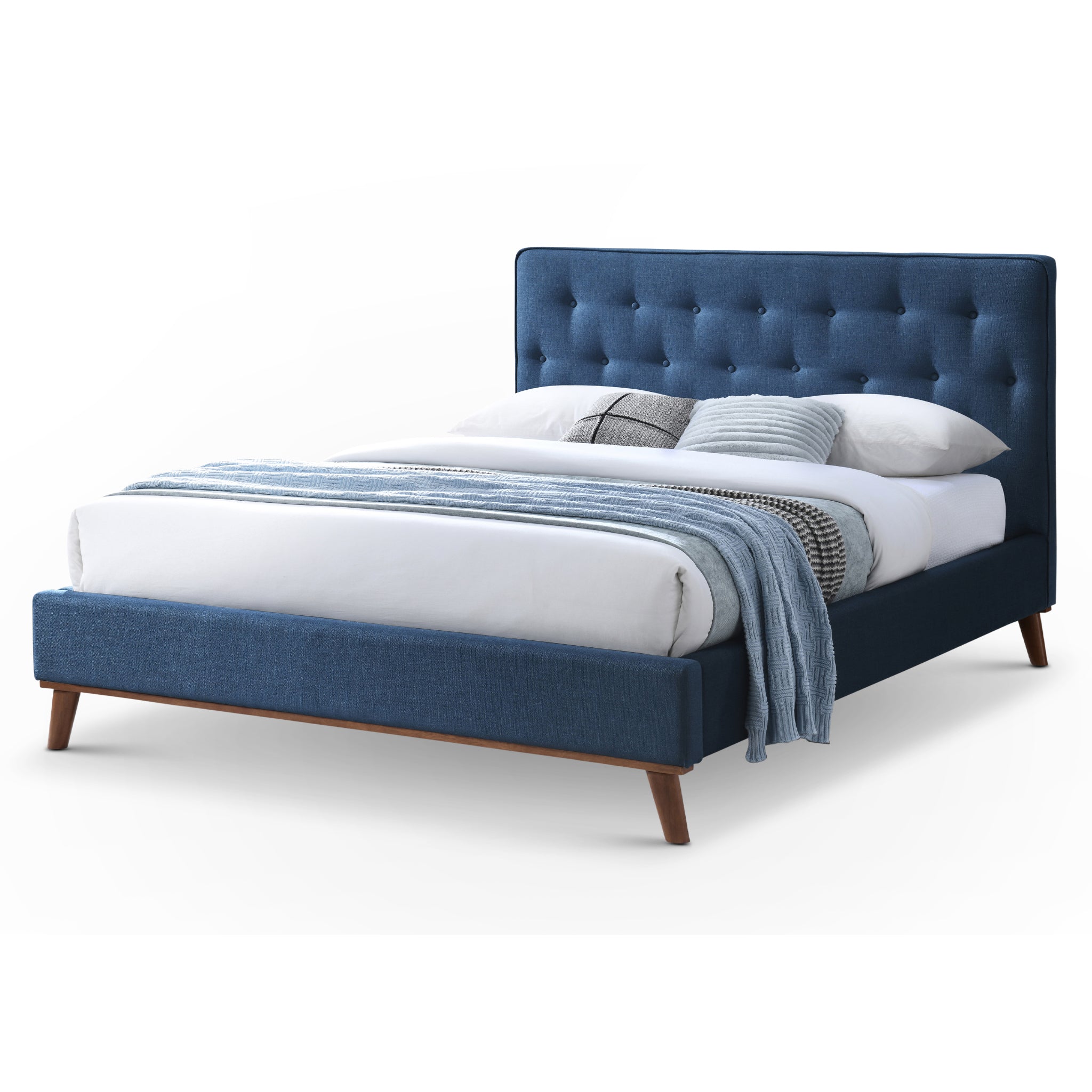 Ashton Solid American Wood Upholstered Panel Bed King Navy Blue