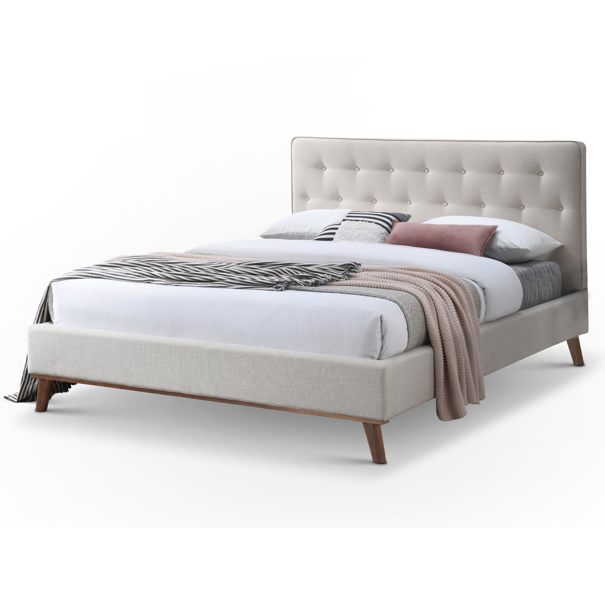 Ashton Solid American Wood Upholstered Panel Bed Queen Light Beige