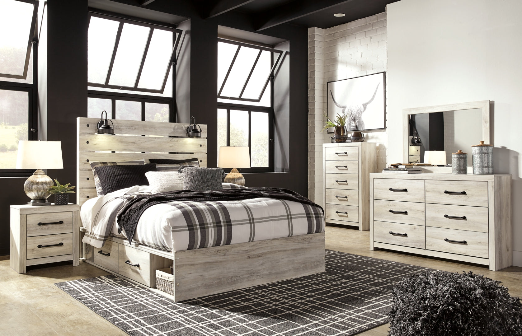 Cambeck King, Queen Panel Bed With Drawers, Color Whitewash