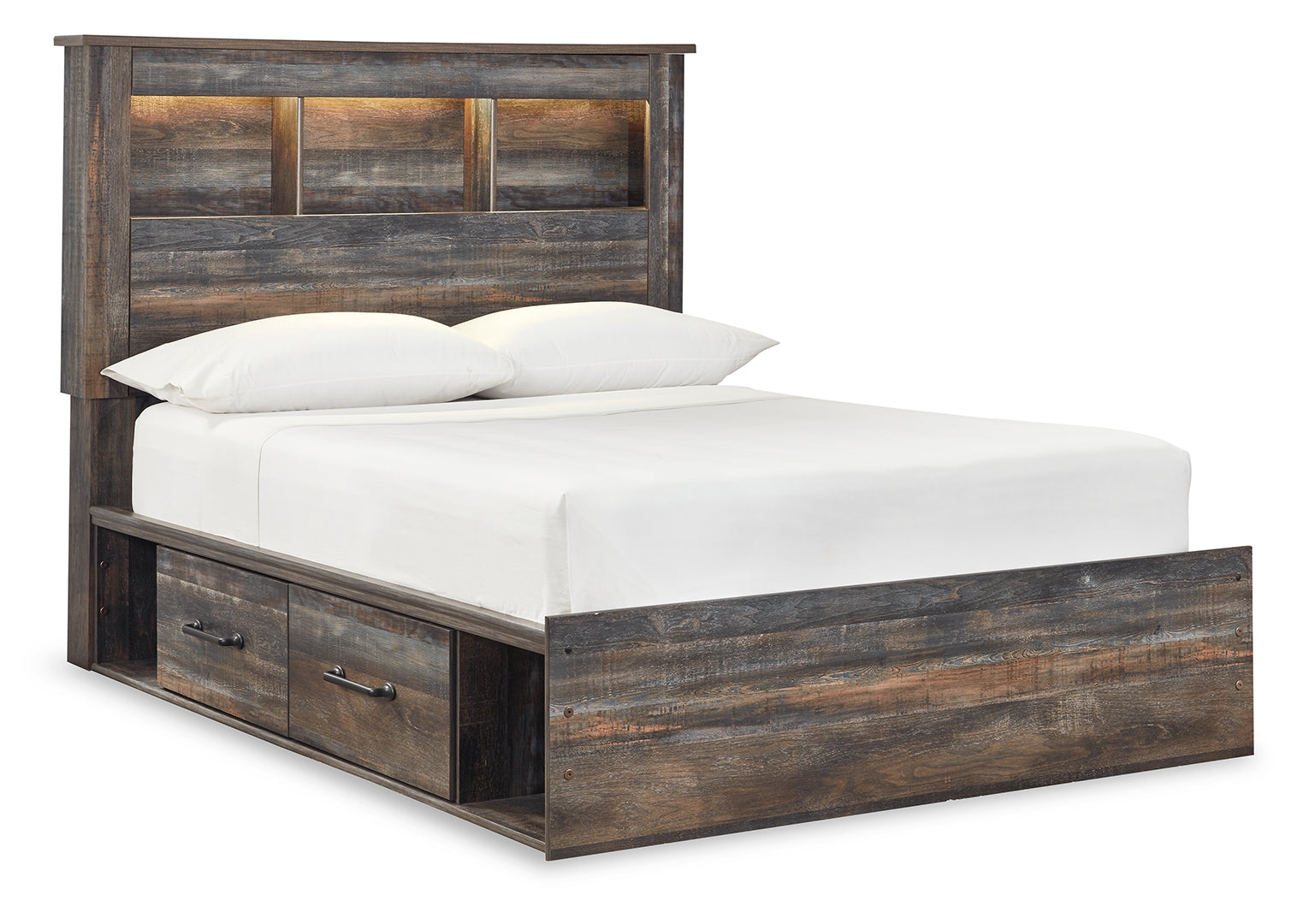 Drystan Rustic & Industrial Styles Panel Bed Full With Side 2 Storage Drawers & Bookcase