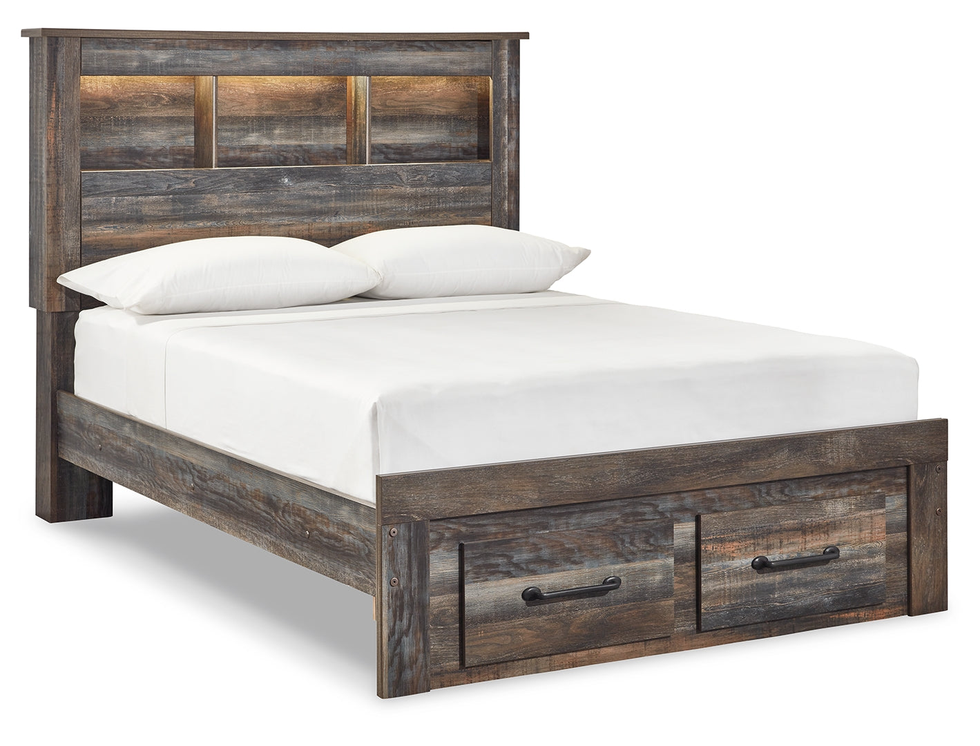 Drystan Rustic & Industrial Styles Panel Bed Full With Front 2 Storage Drawers & Bookcase