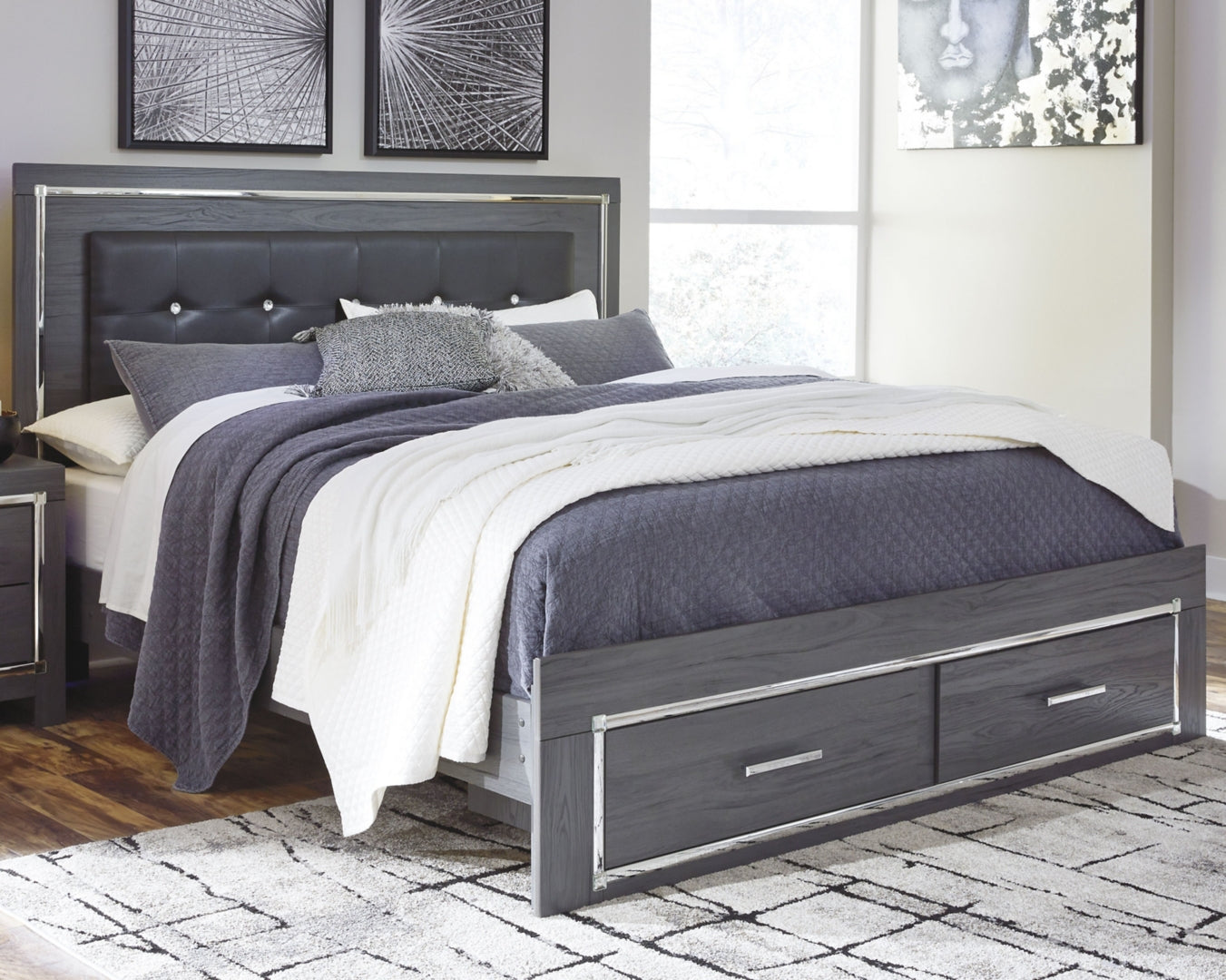 Ashley Lodanna Panel Bed with 2 Storage Drawers, Color- Gray King