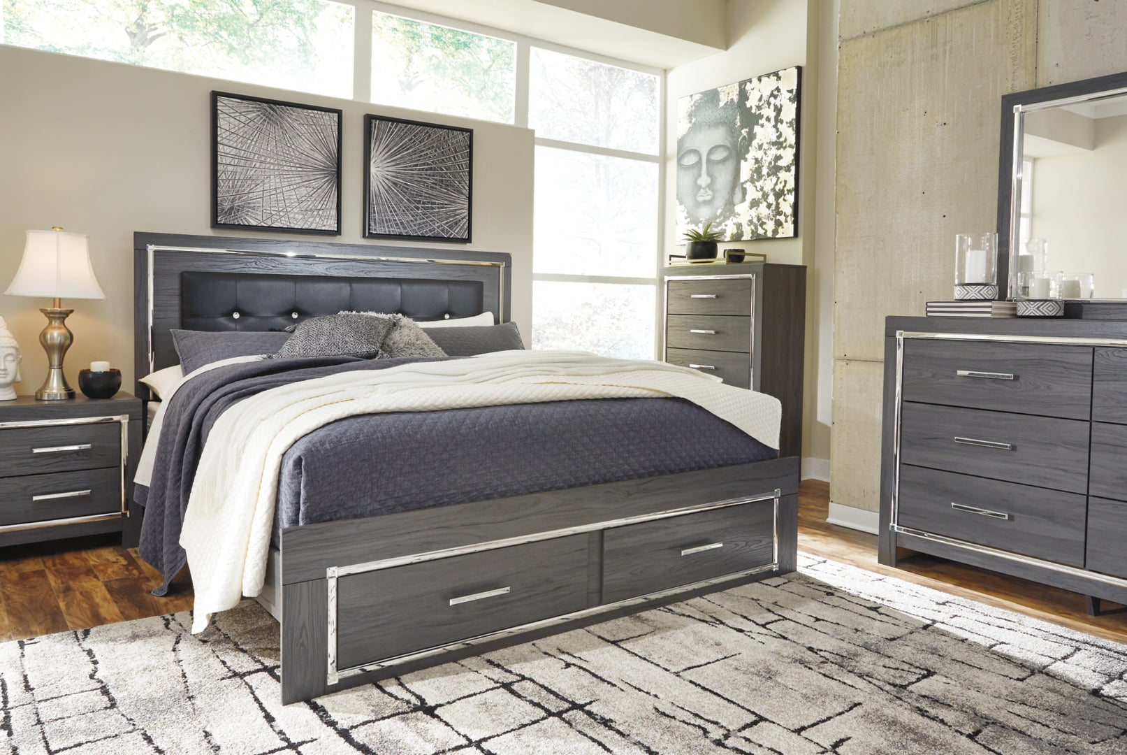 Ashley Lodanna Panel Bed with 2 Storage Drawers, Color- Gray