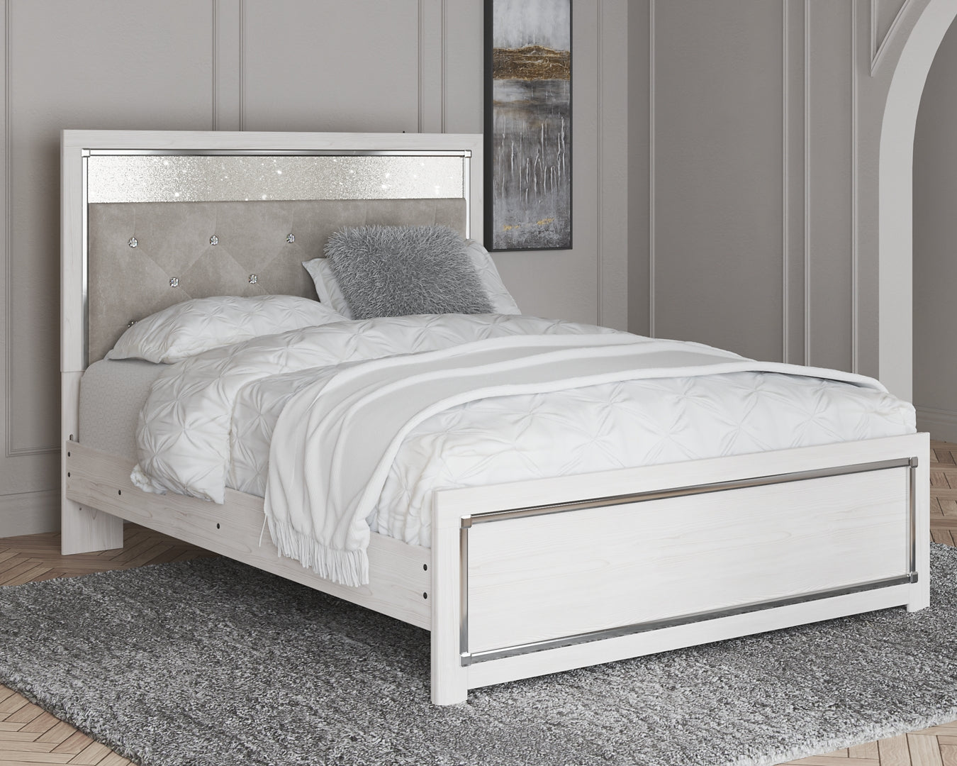 Altyra Queen Upholstered & Panel Bed, Color- White