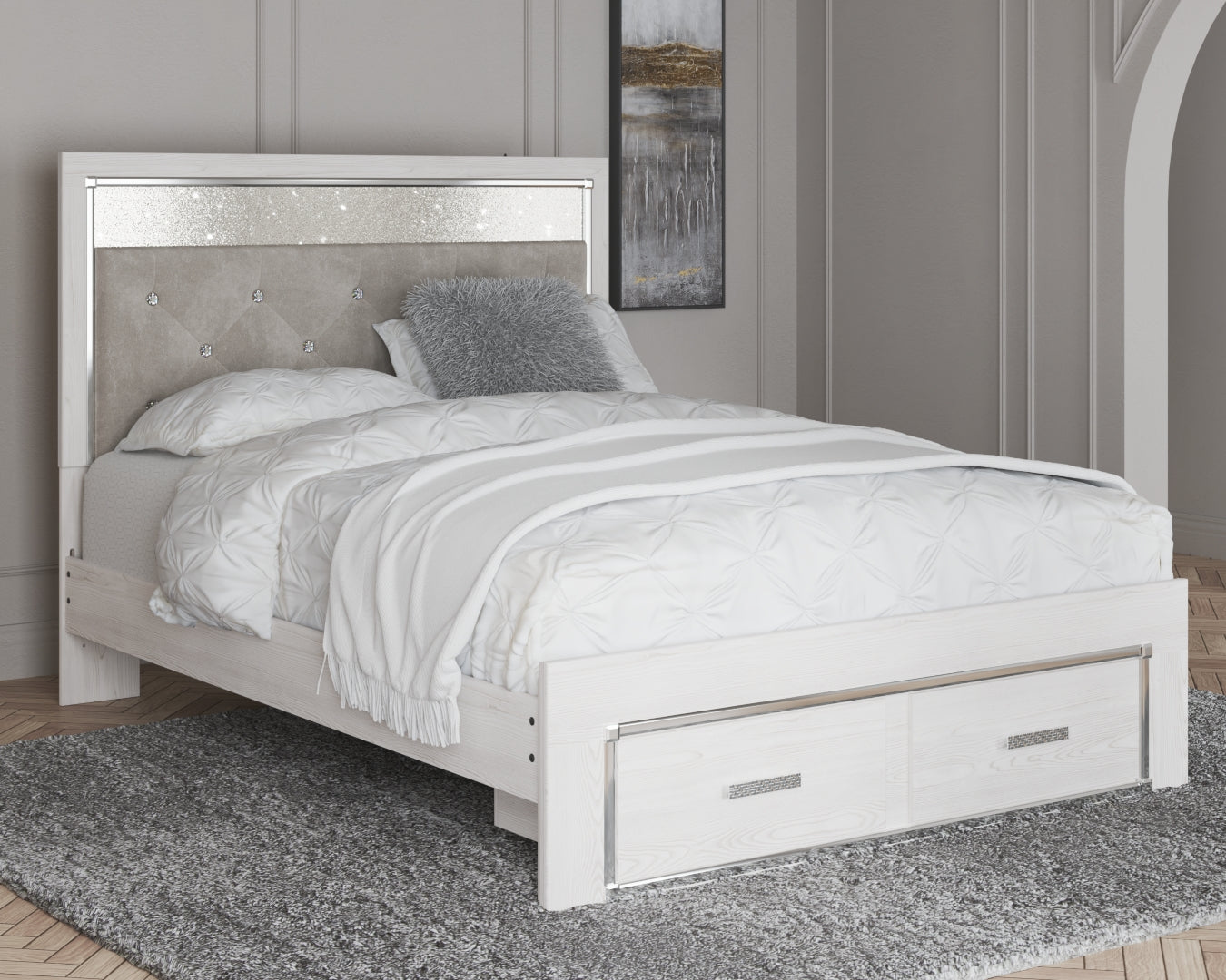 Altyra Queen Upholstered & Panel Bed, Color- White