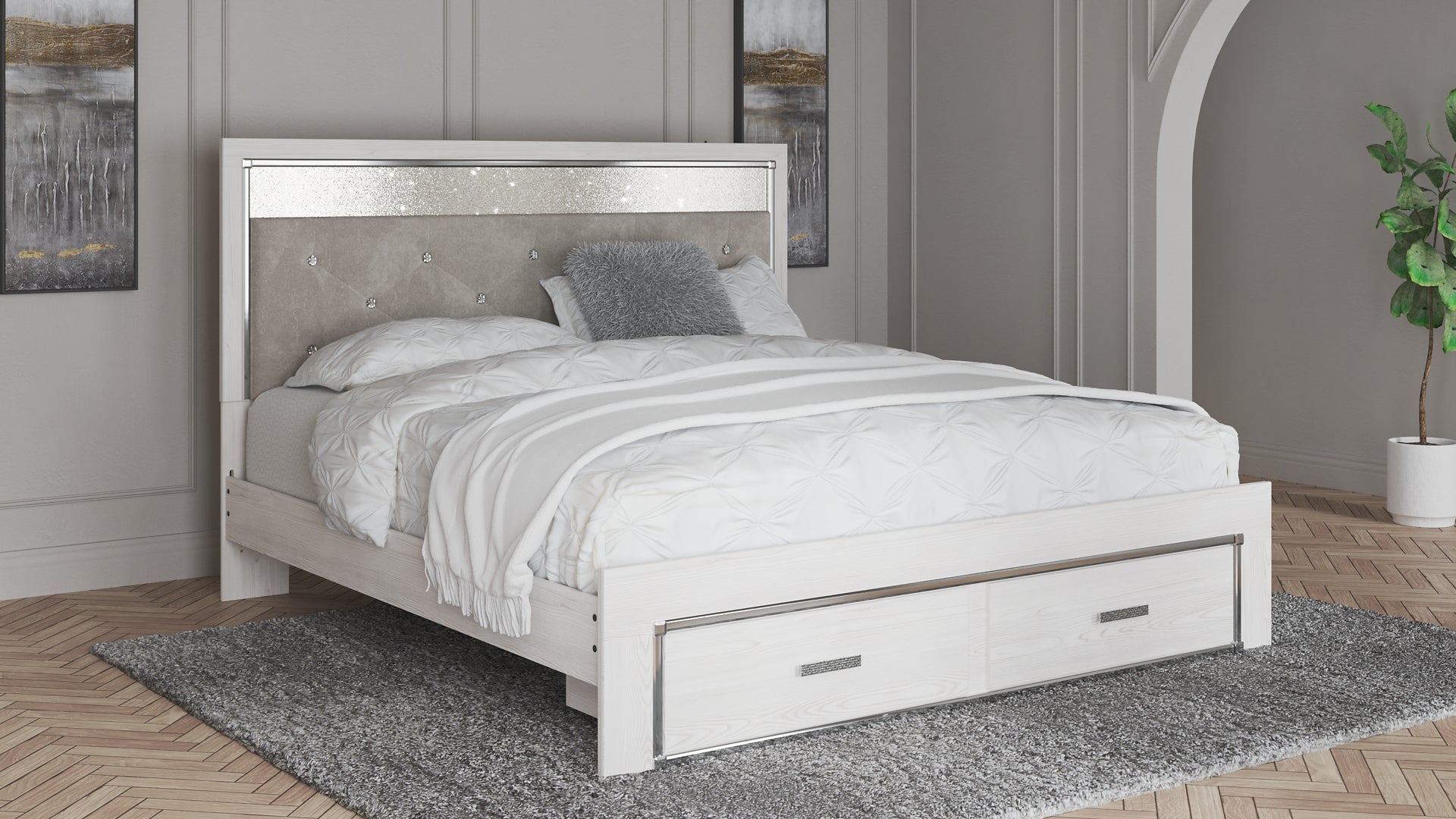 Altyra Queen Upholstered & Panel Bed, Color- White