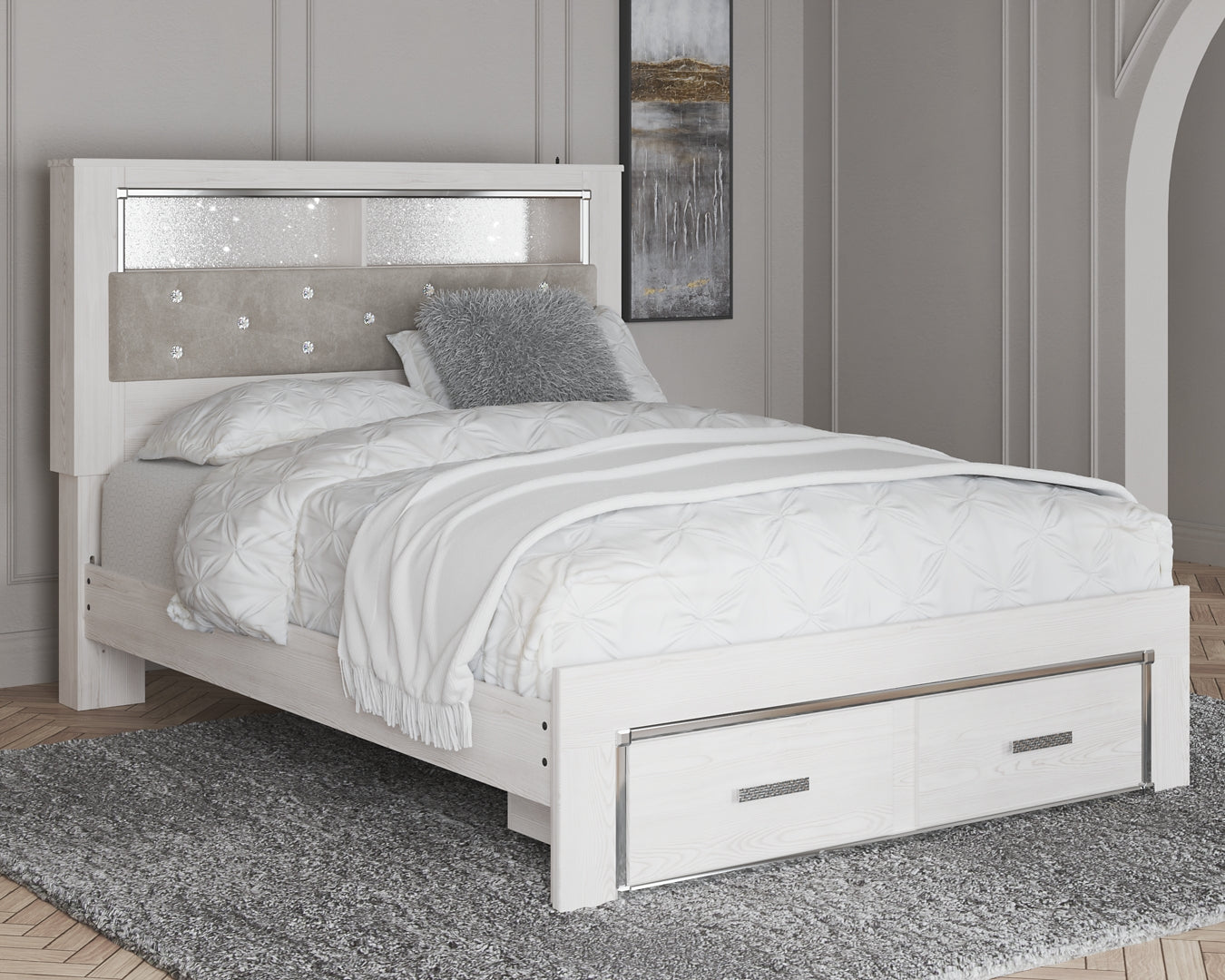 Altyra Queen Upholstered & Panel Bed, Color- White