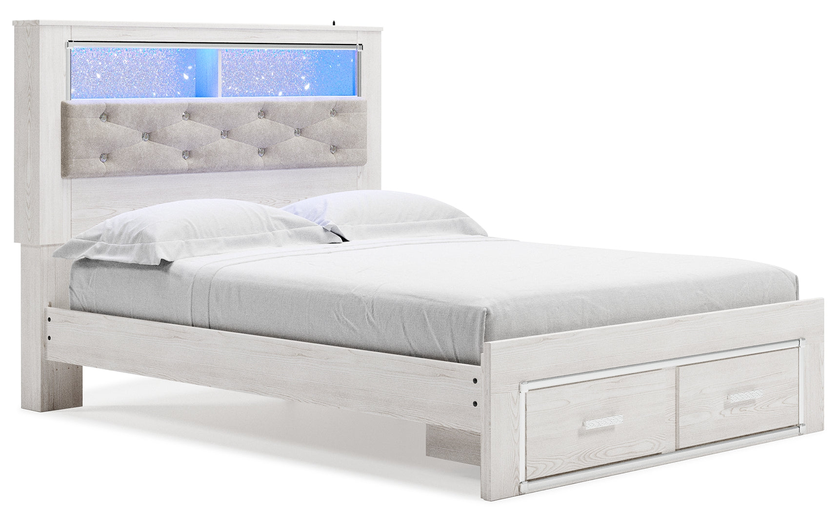 Altyra Queen Upholstered & Panel Bed, Color- White Queen Bookcase with Storage Bed White