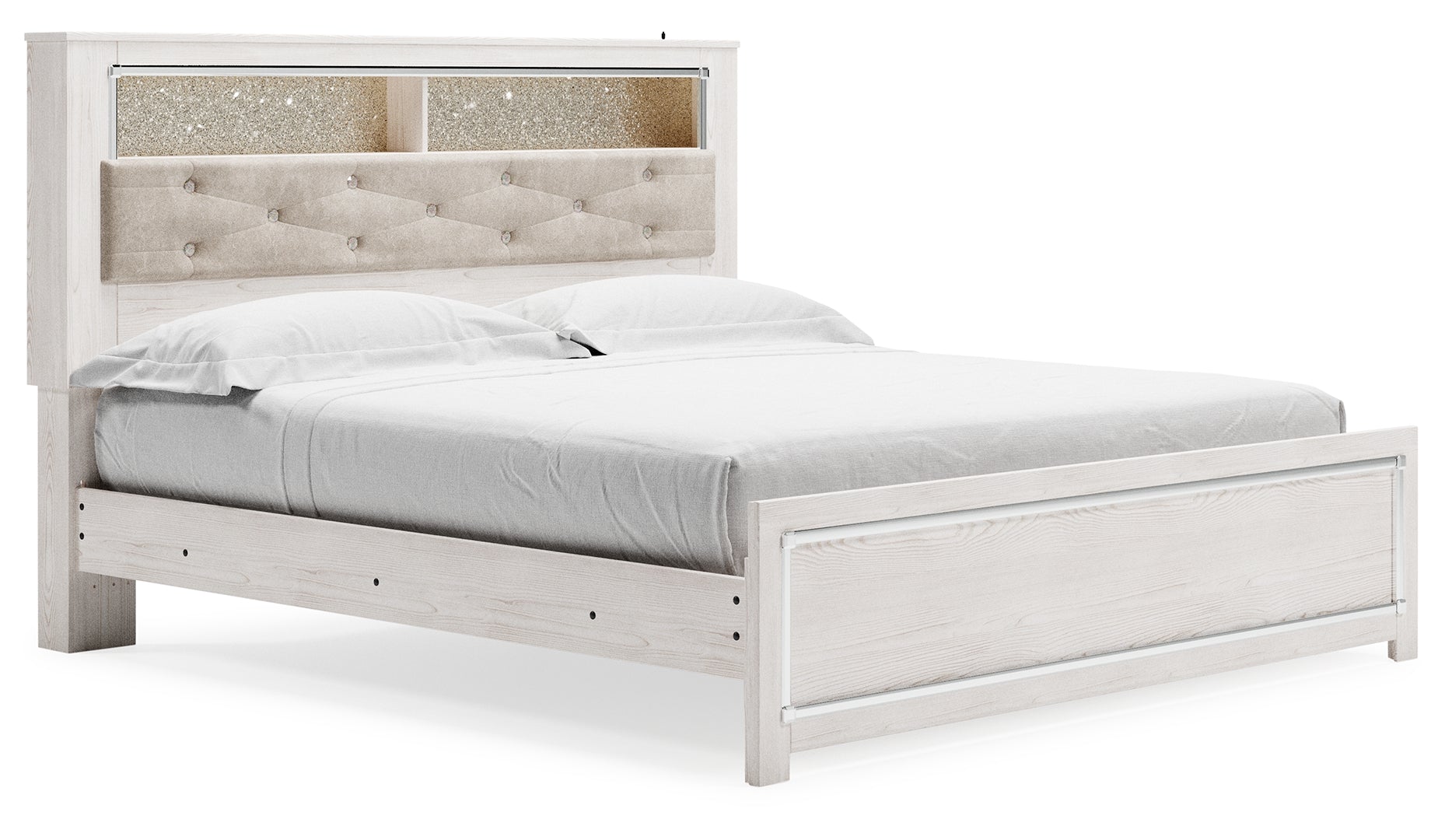 Altyra Queen Upholstered & Panel Bed, Color- White King Bookcase White