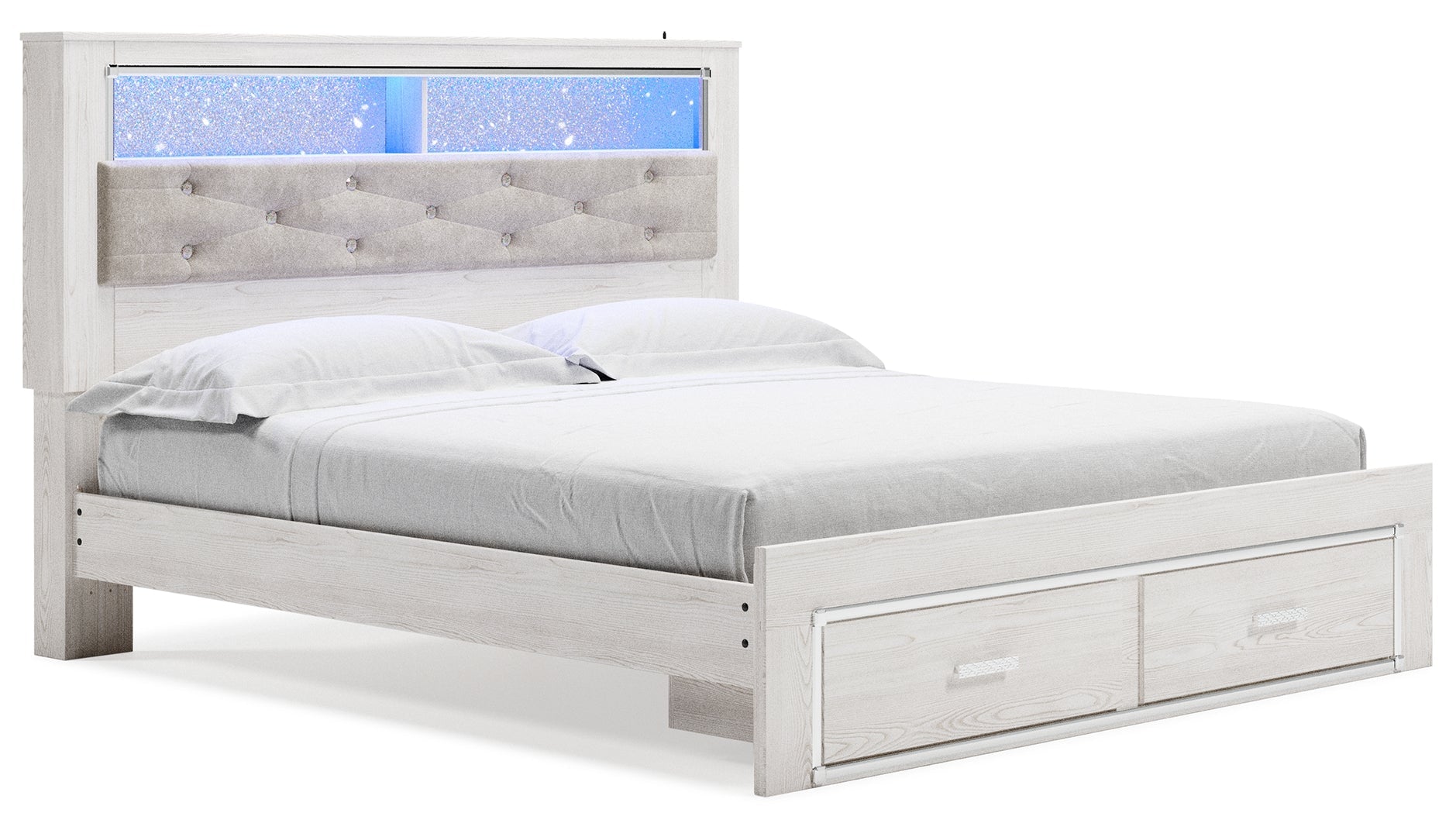 Altyra Queen Upholstered & Panel Bed, Color- White King Bookcase with Storage Bed White