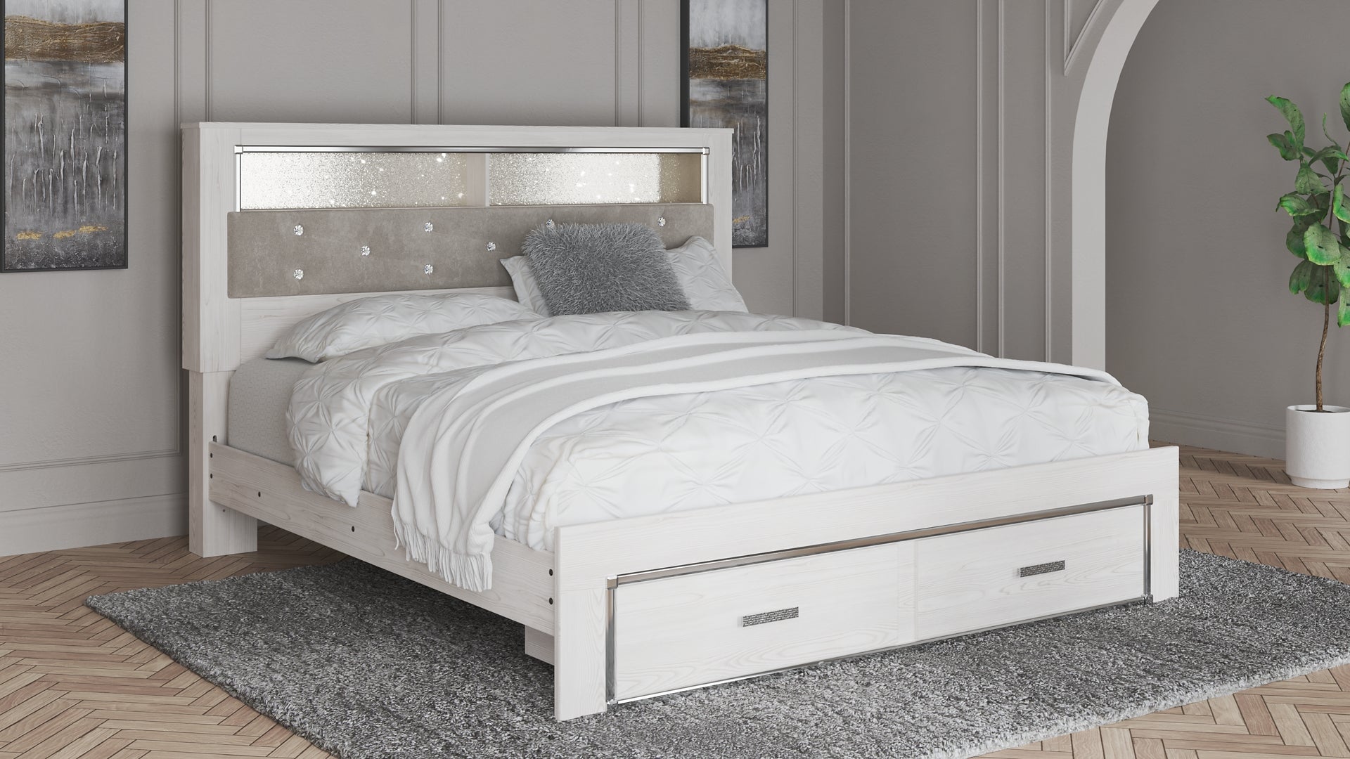 Altyra Queen Upholstered & Panel Bed, Color- White