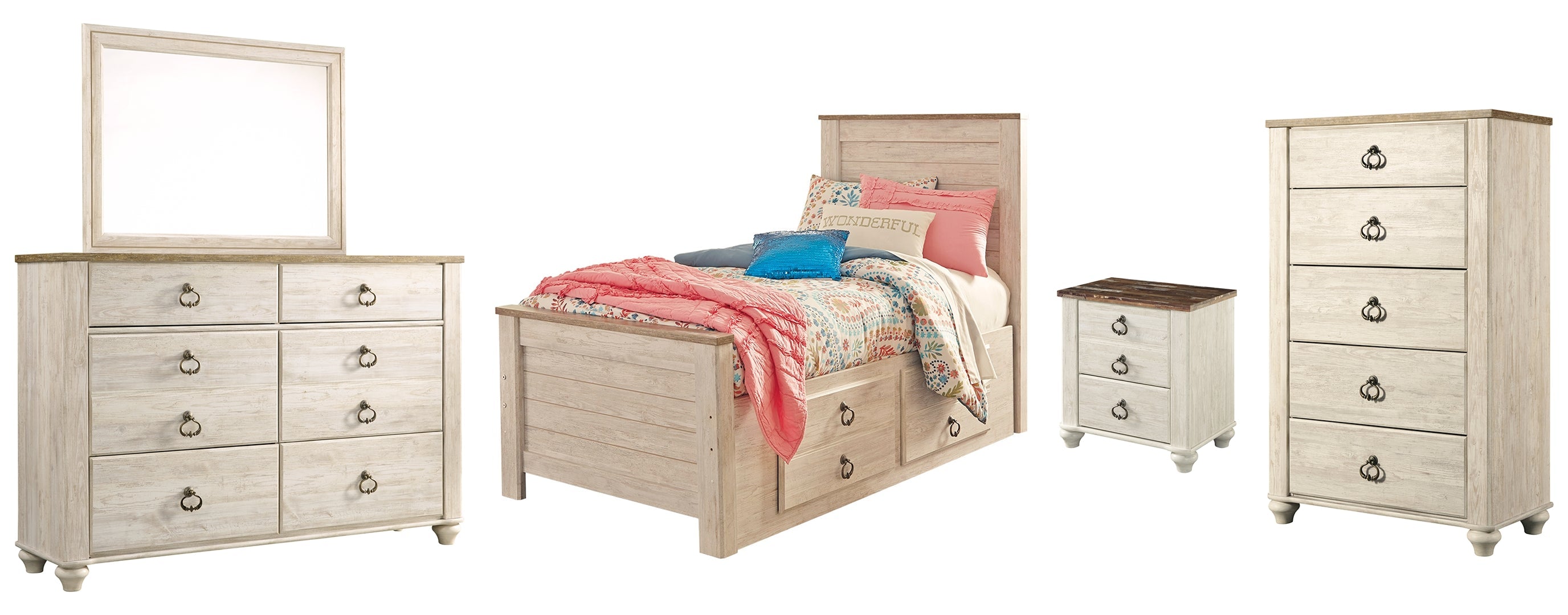 Willowton Twin Panel Bed with 2 Storage Mirrored Dresser, Chest and Nightstand Whitewash