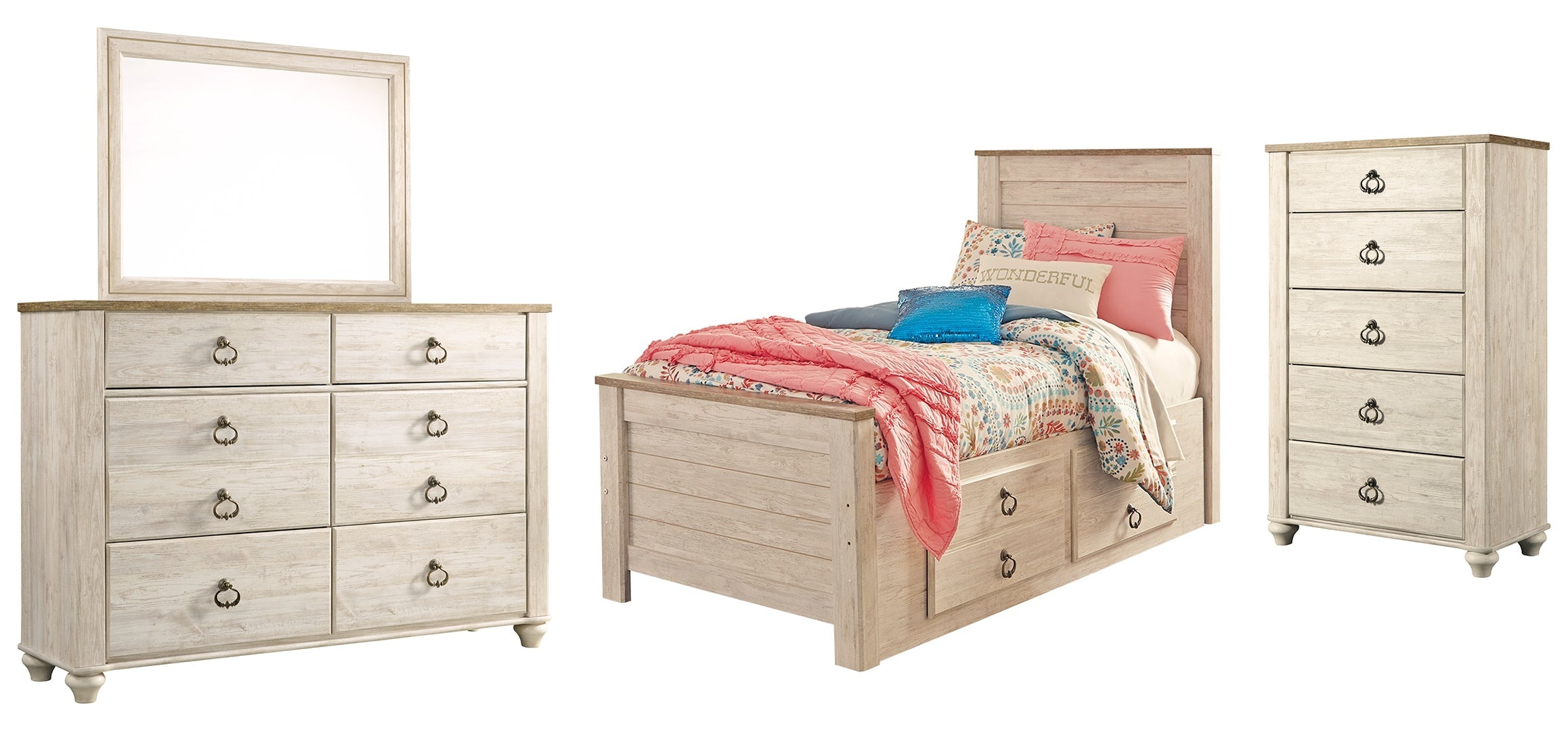 Willowton Twin Panel Bed with 2 Storage Mirrored Dresser and Chest Whitewash