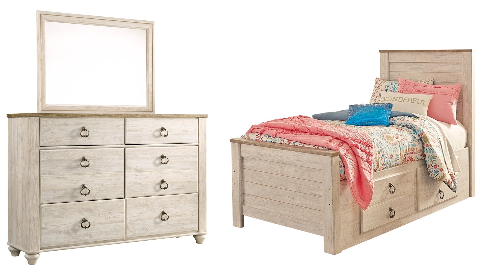 Willowton Twin Panel Bed with 2 Storage Mirrored Dresser Whitewash