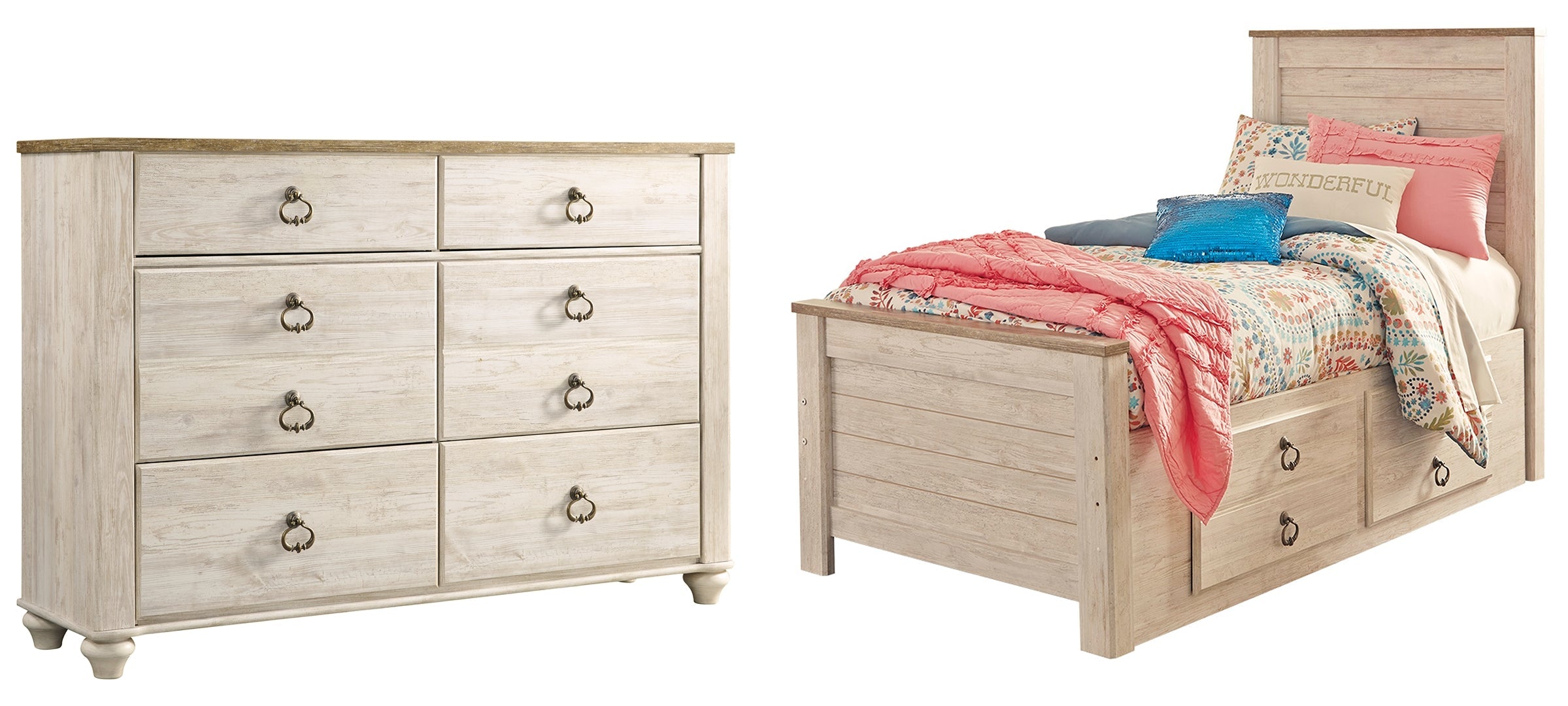 Willowton Twin Panel Bed with 2 Storage Dresser Whitewash