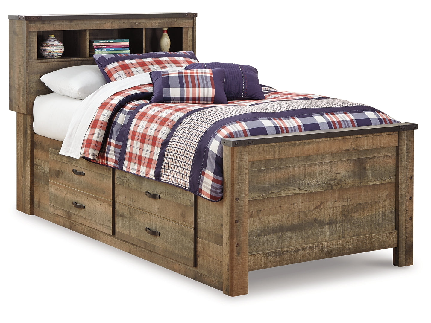 Trinell Rustic Finish Bed Twin With 2 Storage Drawers With Bookcase