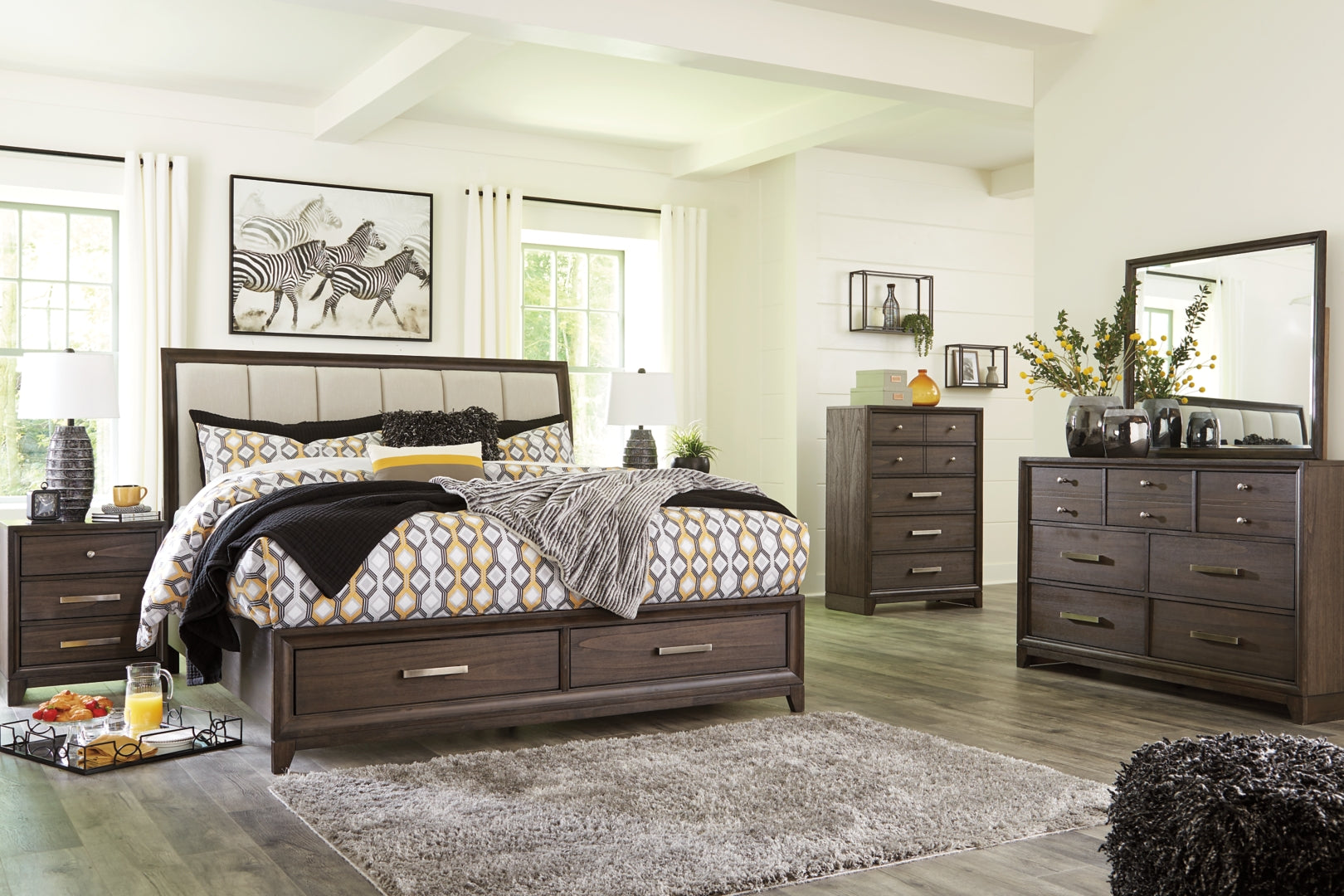 Brueban Transitional Contemporary Panel Bed with 2 Storage Drawers