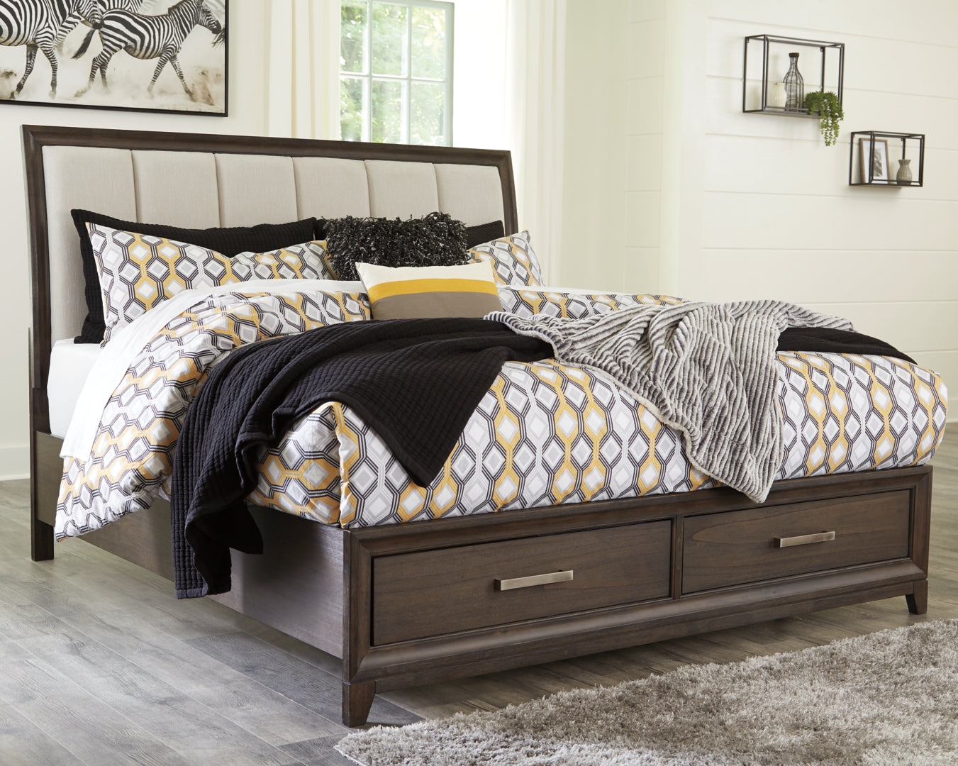 Brueban Transitional Contemporary Panel Bed with 2 Storage Drawers