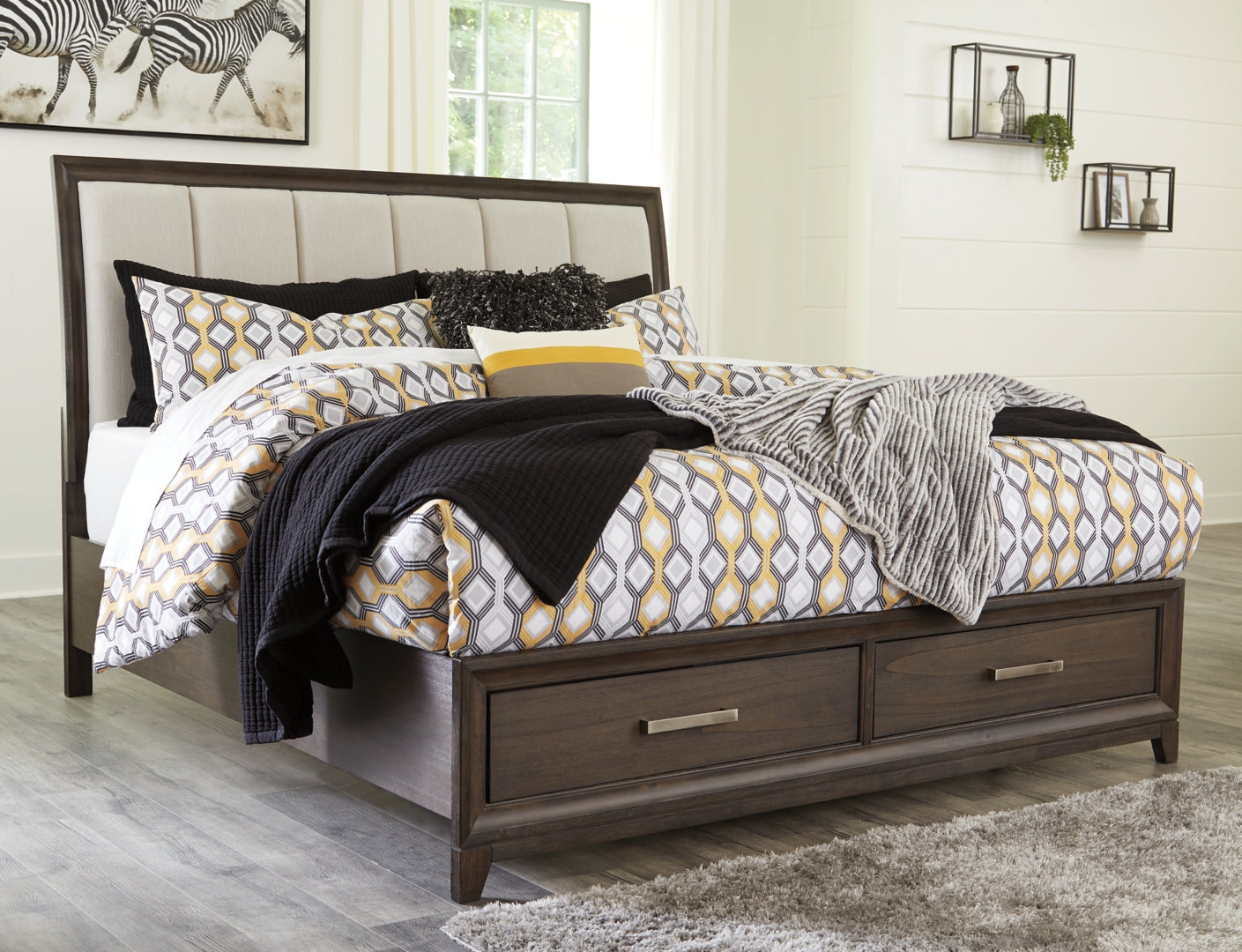 Brueban Transitional Contemporary Panel Bed with 2 Storage Drawers