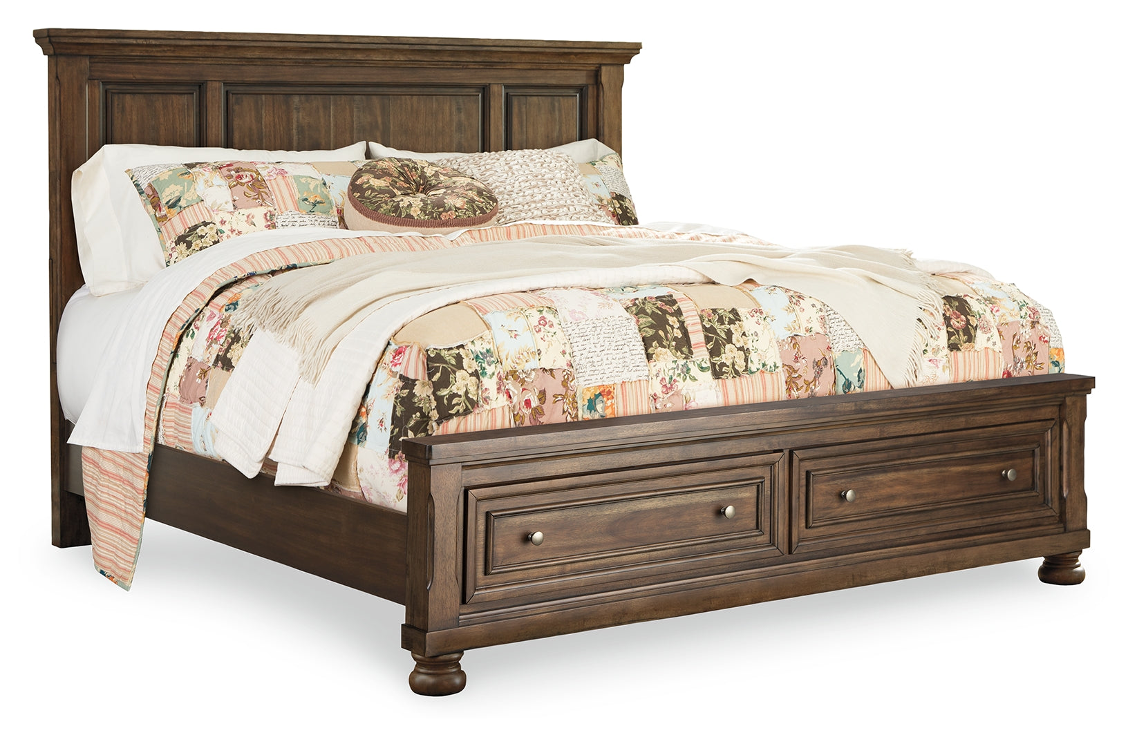 Flynnter Traditional Style Tobacco Brown Finish Bed Queen with 2 Storage Drawers