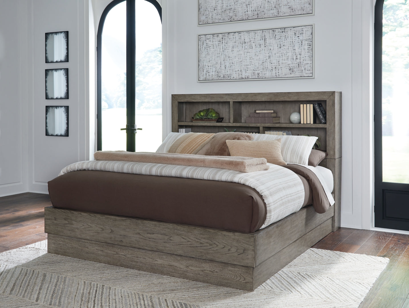 Anibecca Refined & Relaxed Bookcase & Upholstered Bed, Color:- Weathered Gray