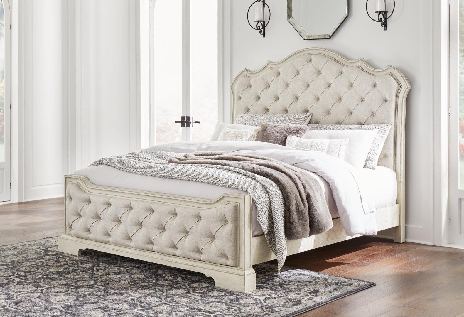 Arlendyne Antiqued White Painted Finish Upholstered Bed