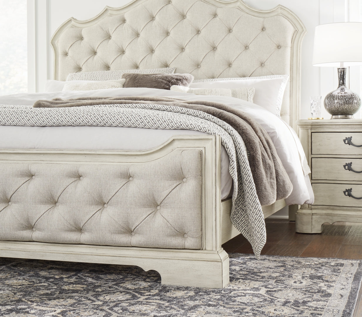 Arlendyne Antiqued White Painted Finish Upholstered Bed