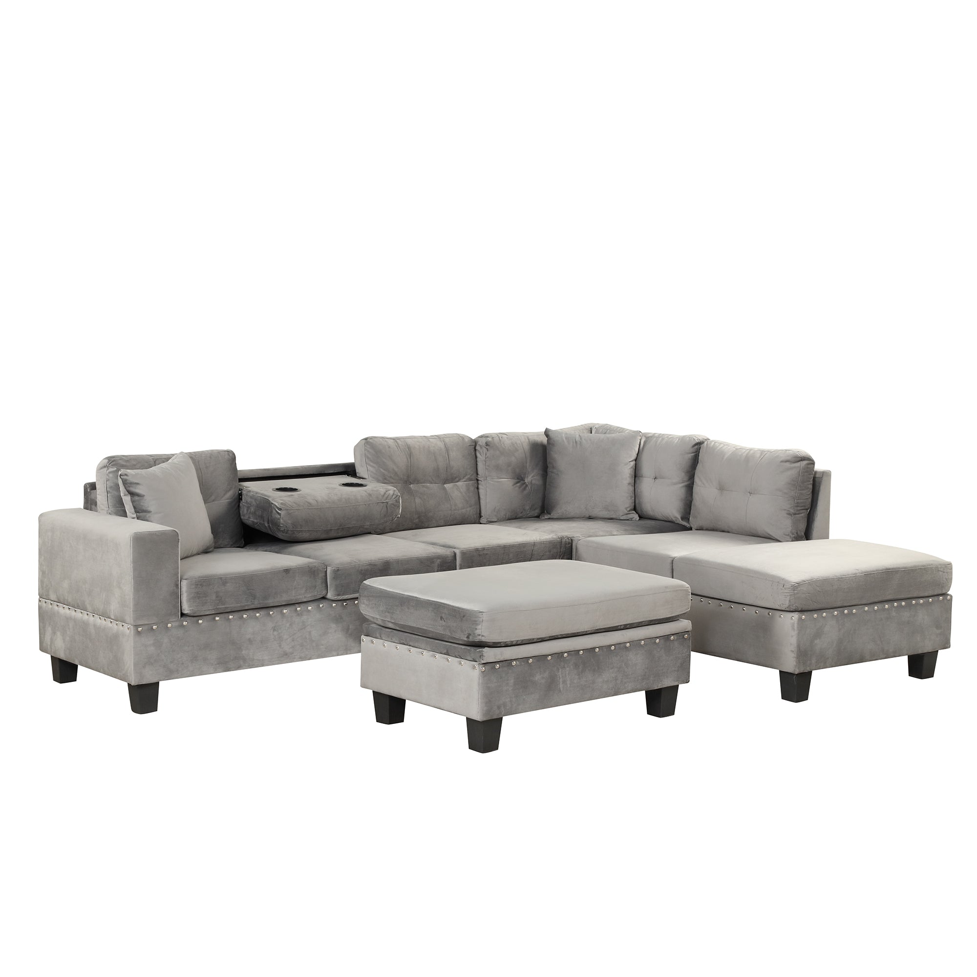 104.5" Modern Sectional Sofa with Storage Ottoman, L-Shape Couch with 2 Pillows and Cup Holder,Sectional Sofa with Reversible Chaise for Living Room,Gray