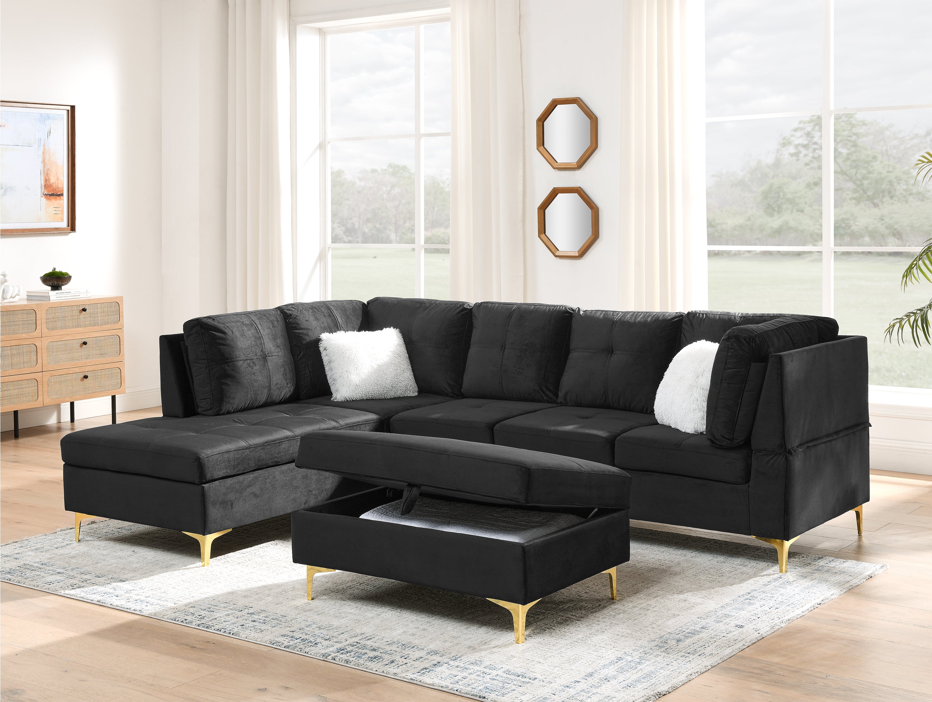 103" Velvet Sectional Sofa, L Shape Corner Couch with Storage Ottoman for Living Room, Black Fabric, Pocket Coil Spring in Seats, Chaise face Left