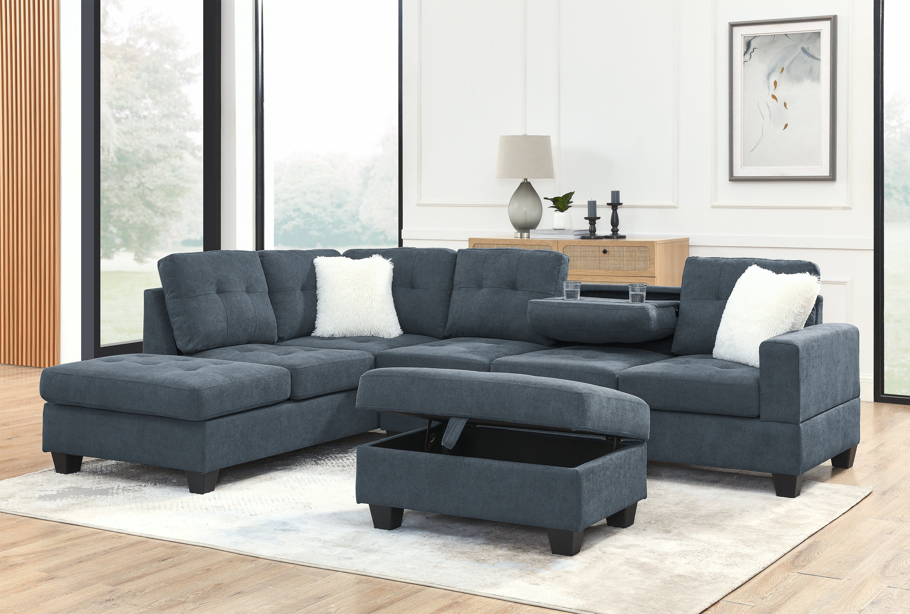 107" Fabric Sectional Sofa Couch with Storage Ottoman, L Shape sofa with Folded Cup Holder Panel for Living Room, Dark Gray, Pocket Coil Spring in Seats