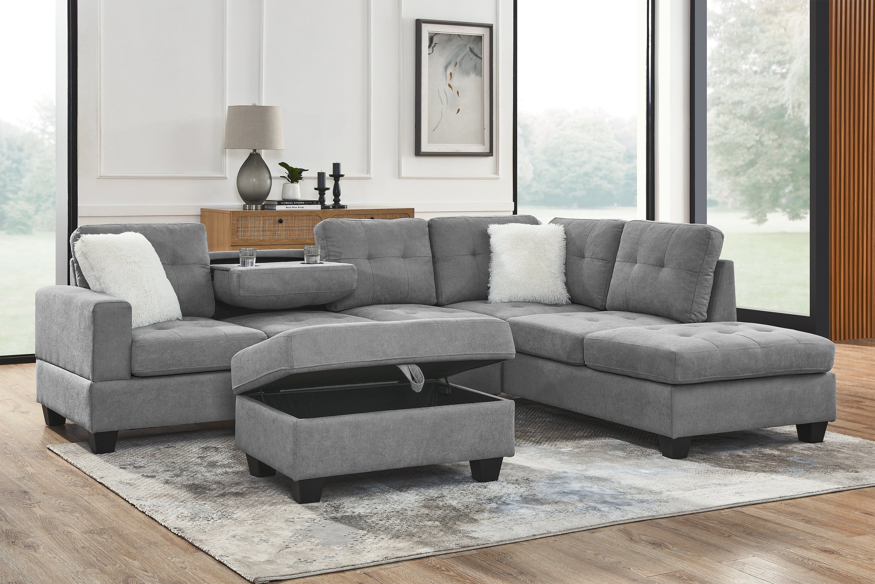 107" Fabric Sectional Sofa Couch with Storage Ottoman, L Shape sofa with Folded Cup Holder Panel for Living Room, Light Gray, Pocket Coil Spring in Seats