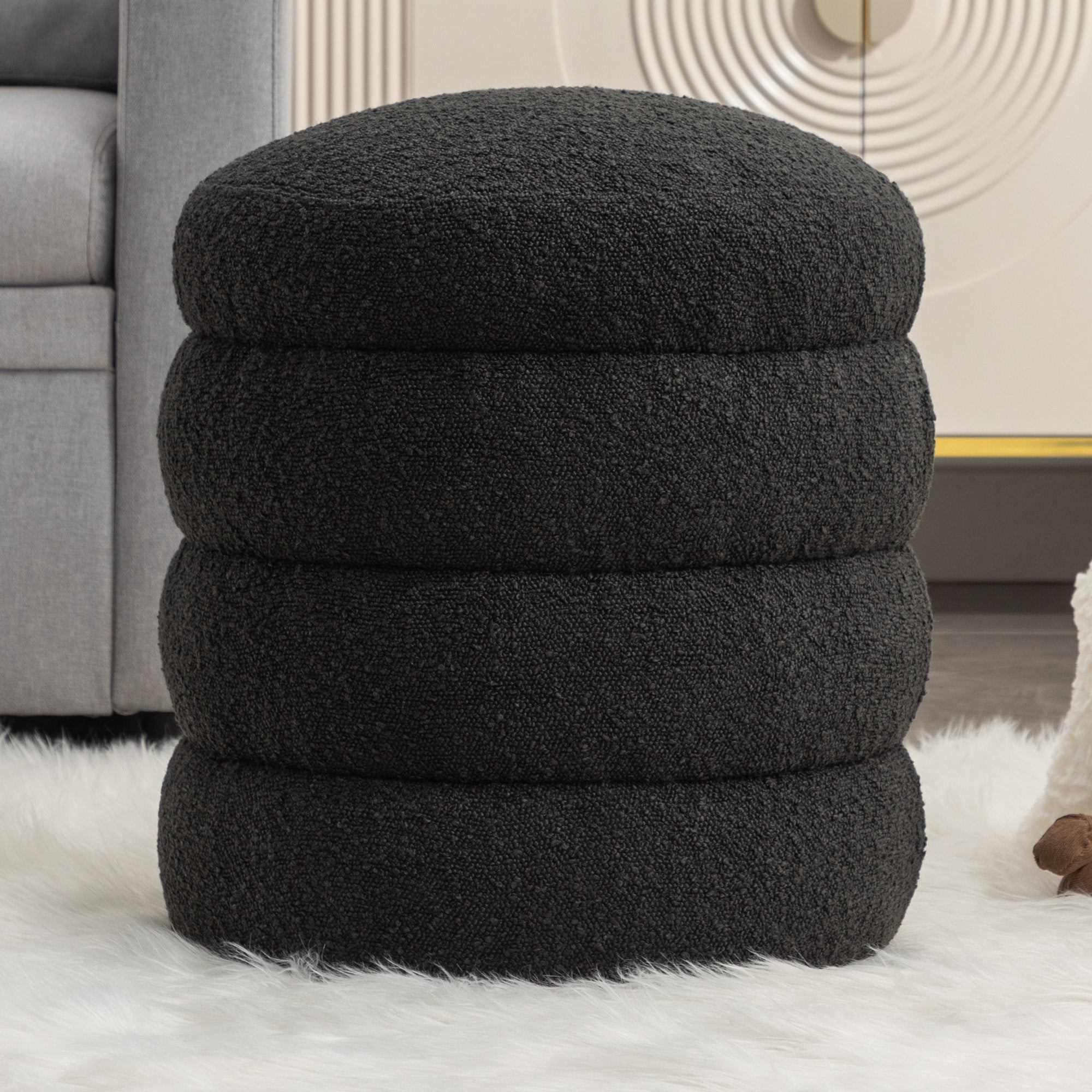 006-Soft Boucle Round Ottoman Footrest Stool,Black