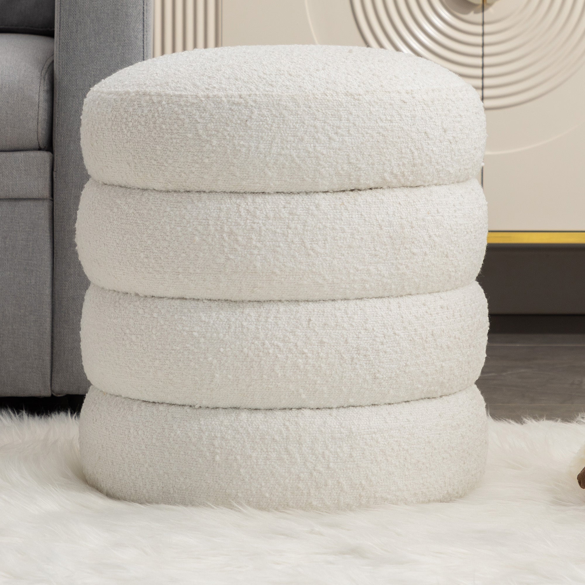 006-Soft Boucle Round Ottoman Footrest Stool,White