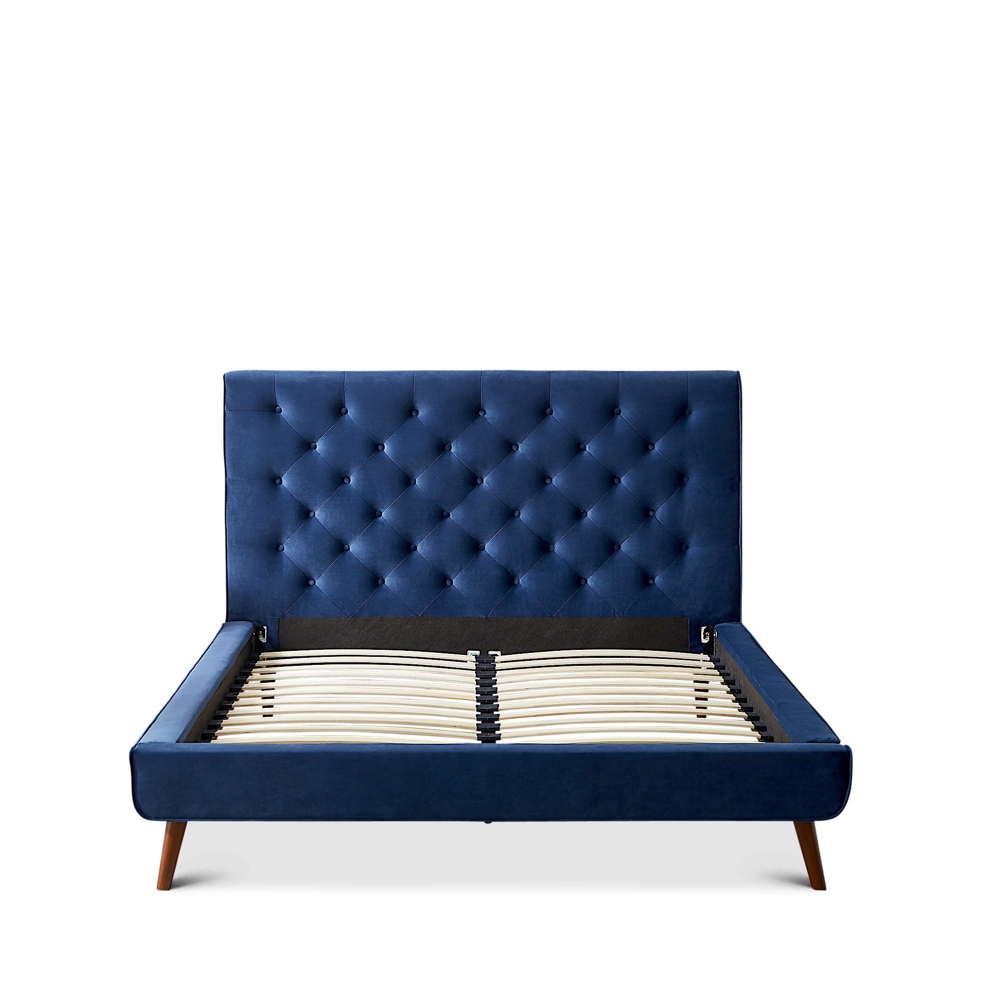 Ashley Mid Century Modern Furniture Upholstered Platform Bed Queen Navy Blue Velvet